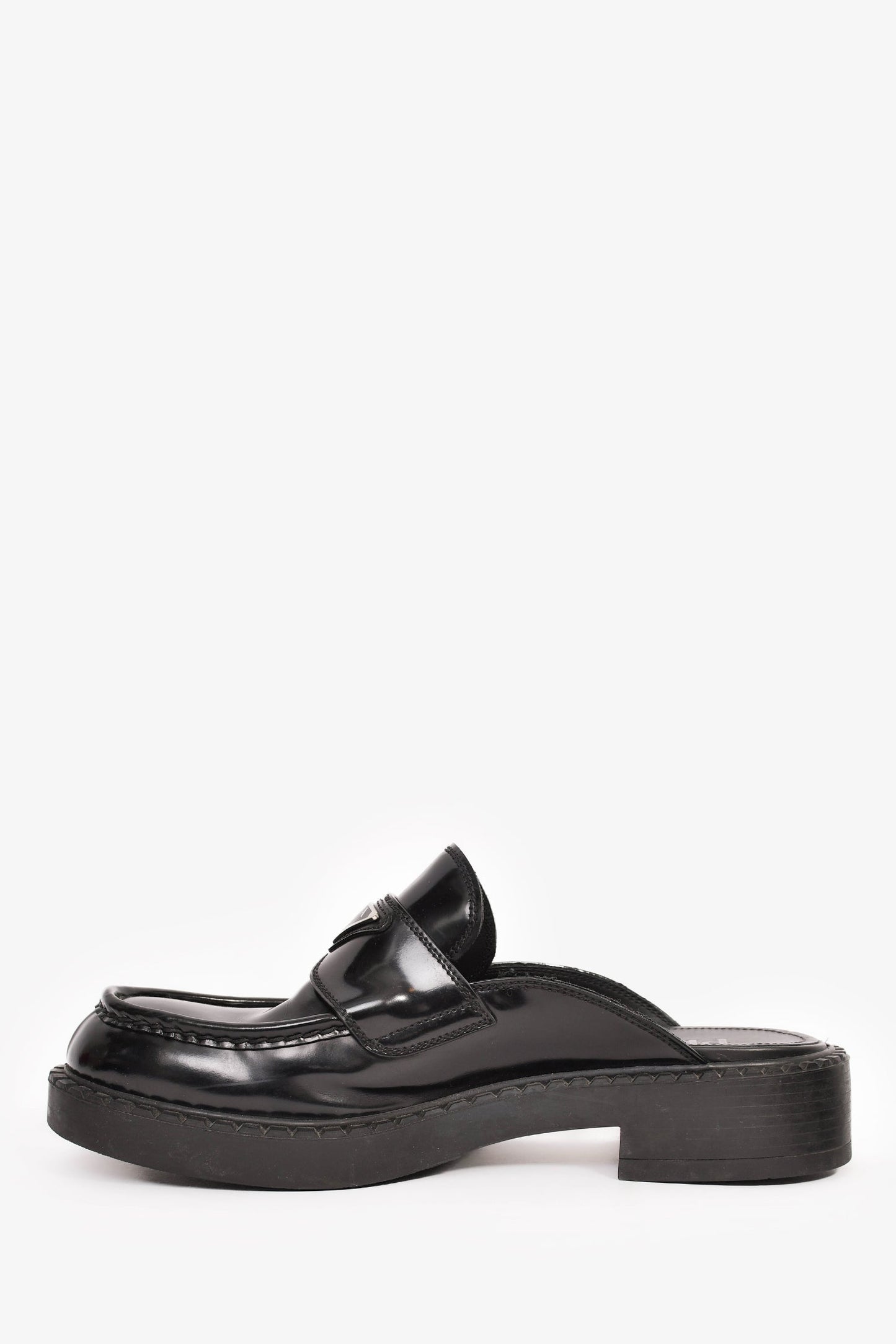 Prada Black Brushed Leather Plaque Mule Loafers Size 6 Mens