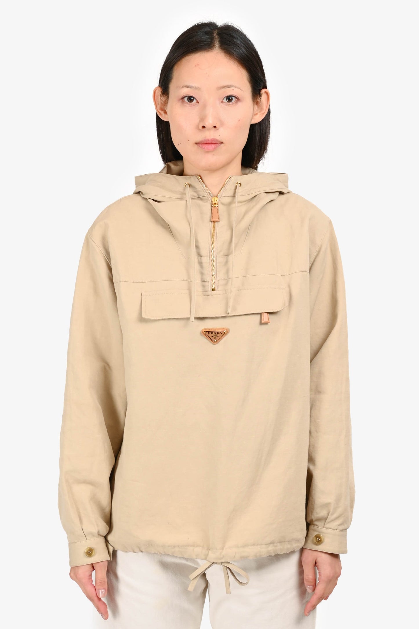 Prada 2023 Beige Triangle-Logo Panama Cotton Windbreaker Size 38