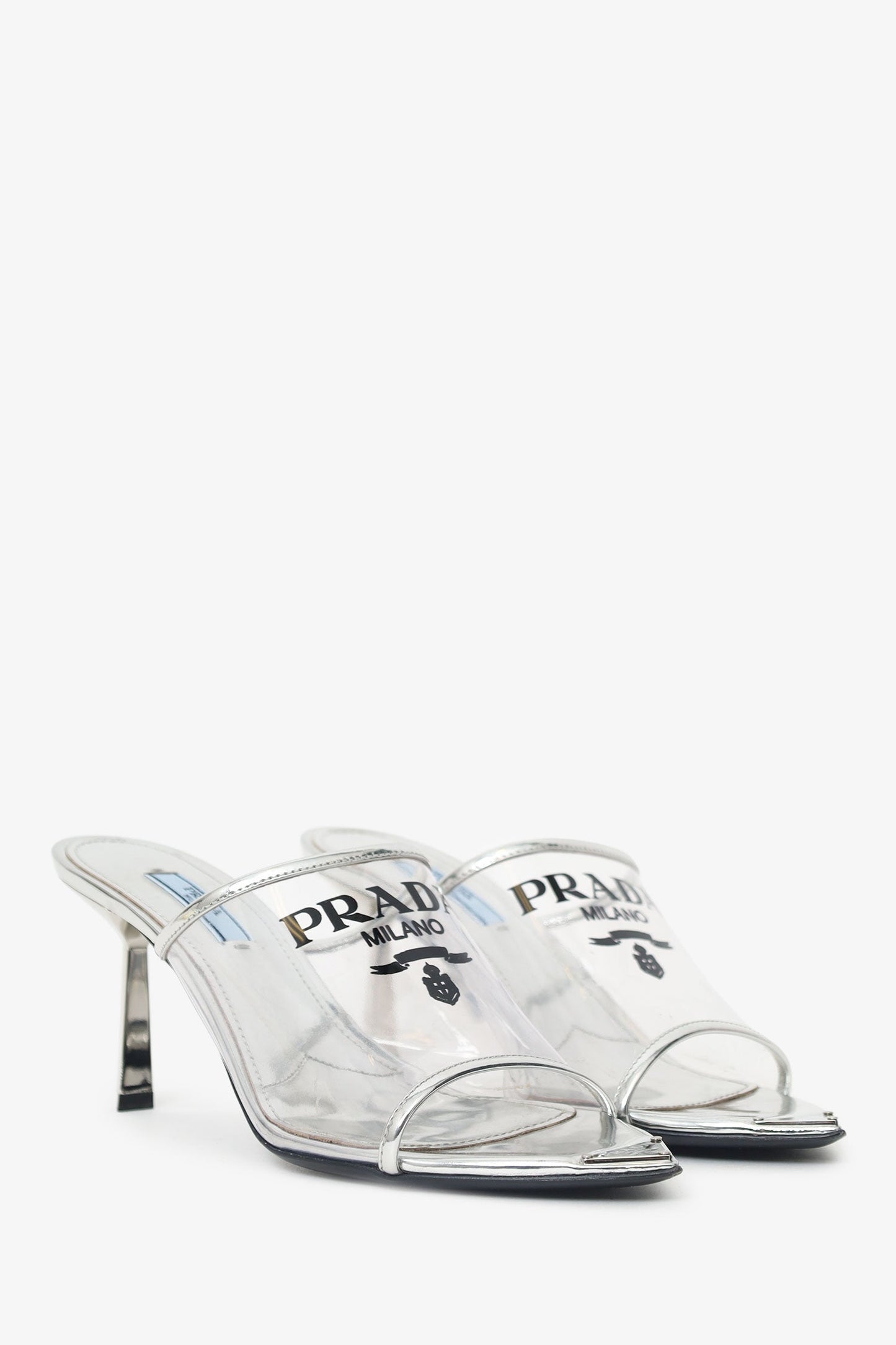Prada Silver Vinyl Logo Mules Size 37