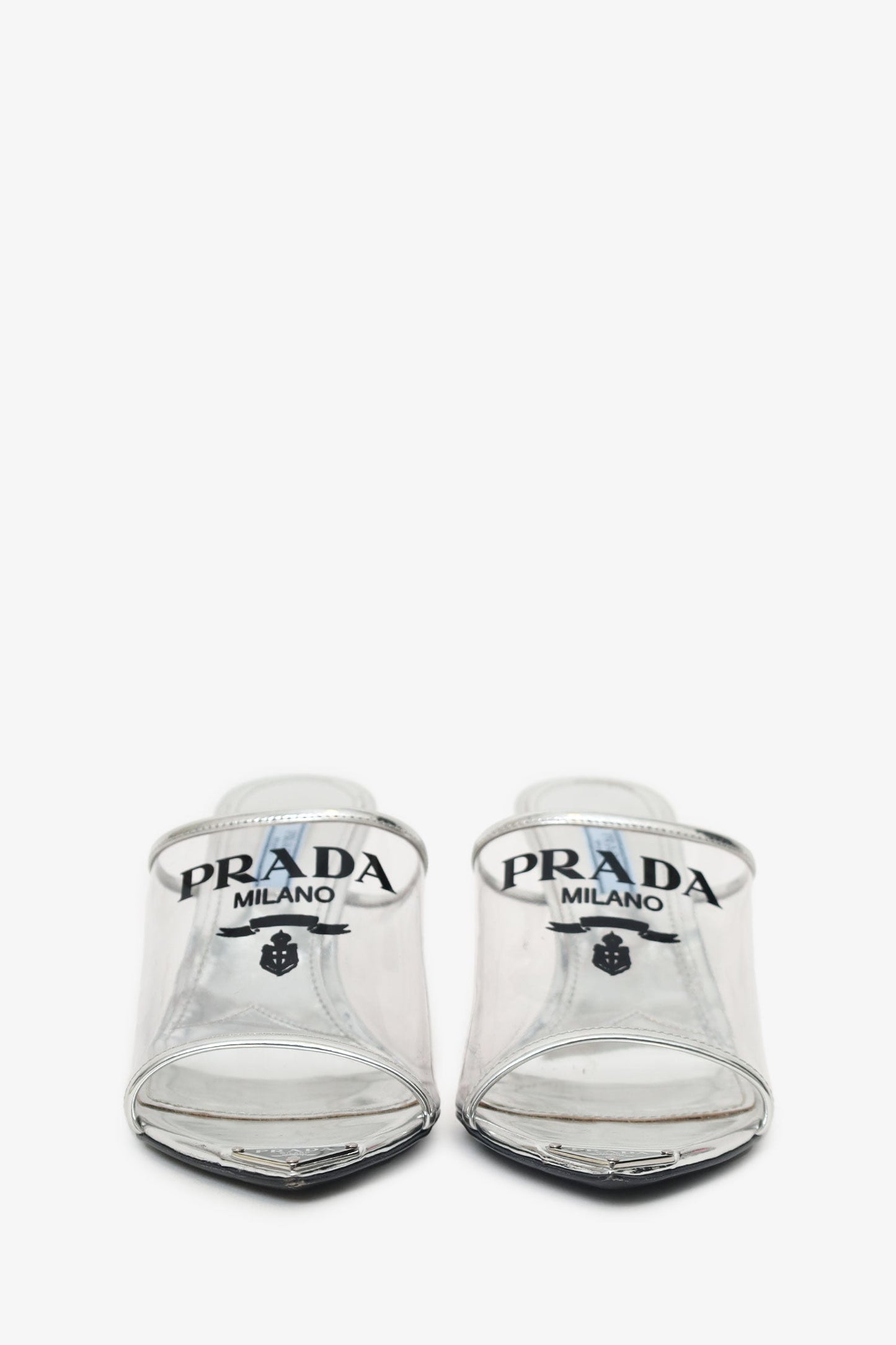 Prada Silver Vinyl Logo Mules Size 37