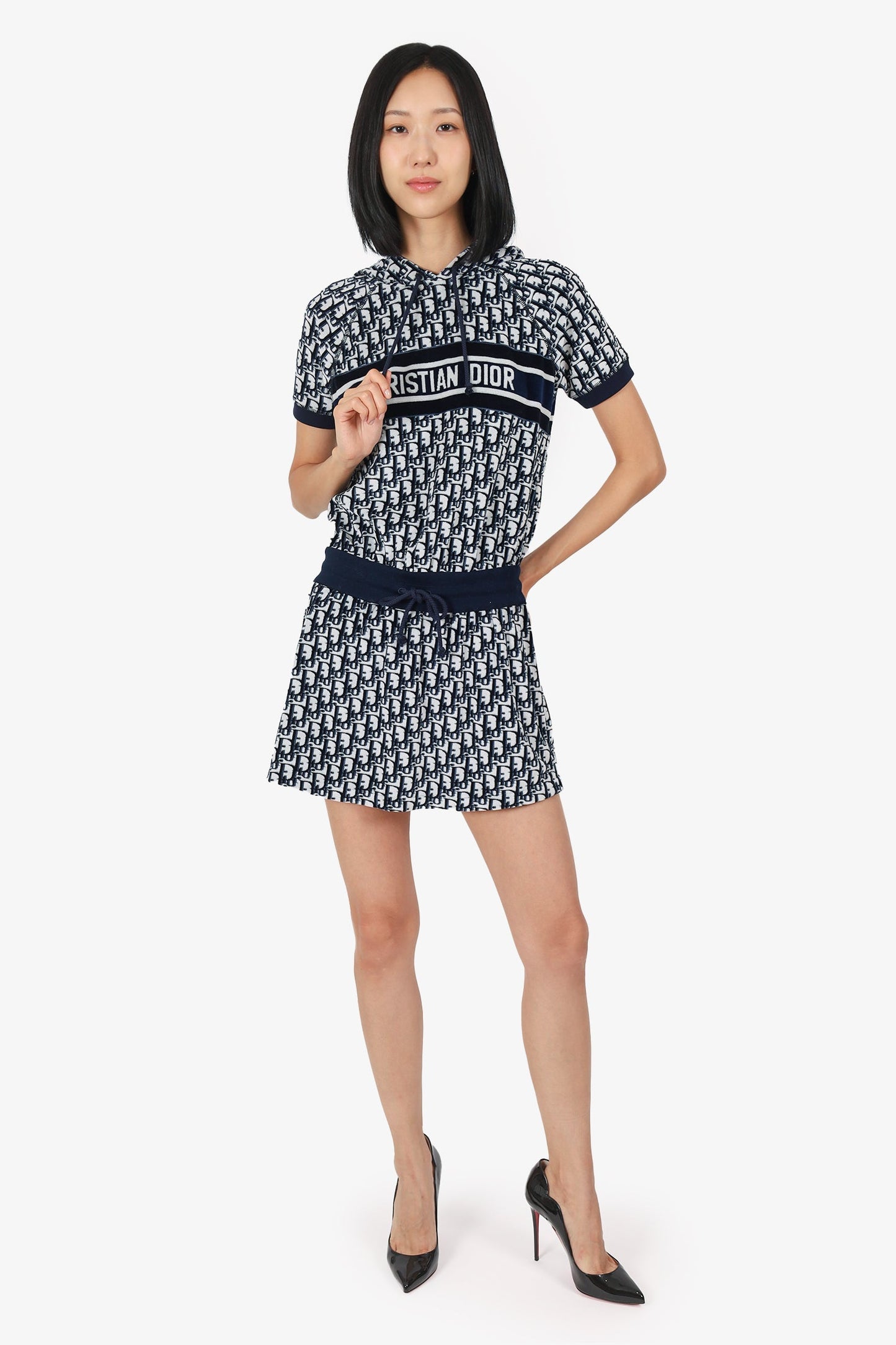 Christian Dior Navy Blue Oblique Cotton Terry Hooded Dress Size XS