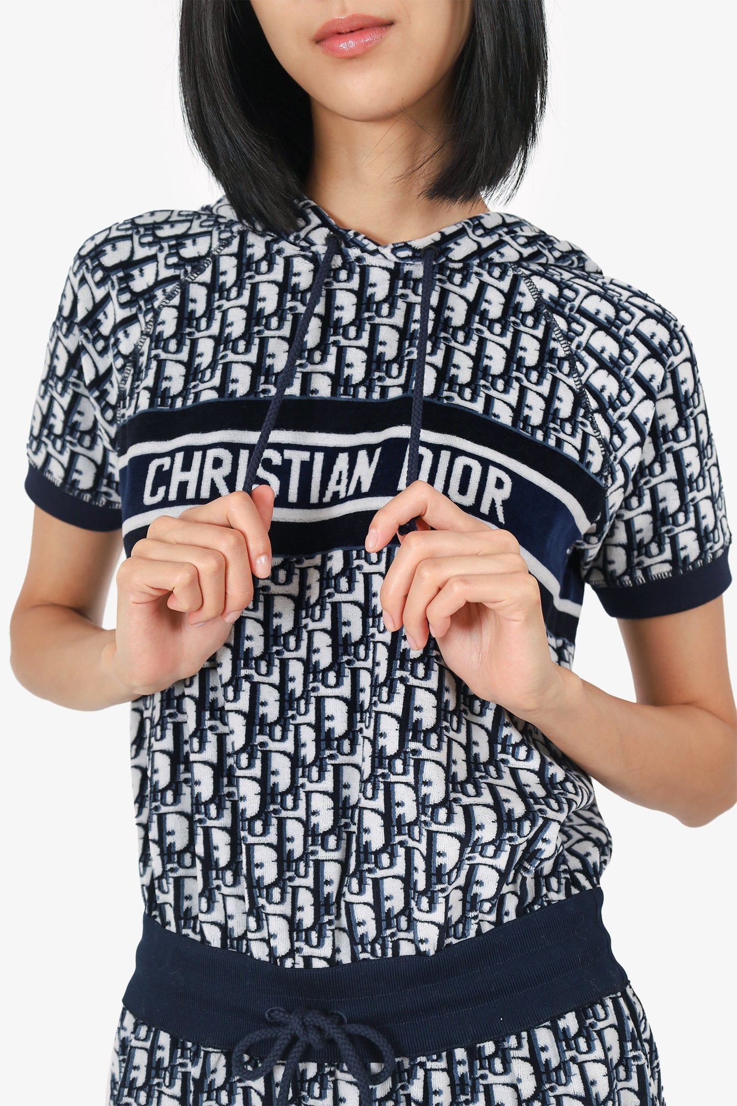 Christian Dior Navy Blue Oblique Cotton Terry Hooded Dress Size XS