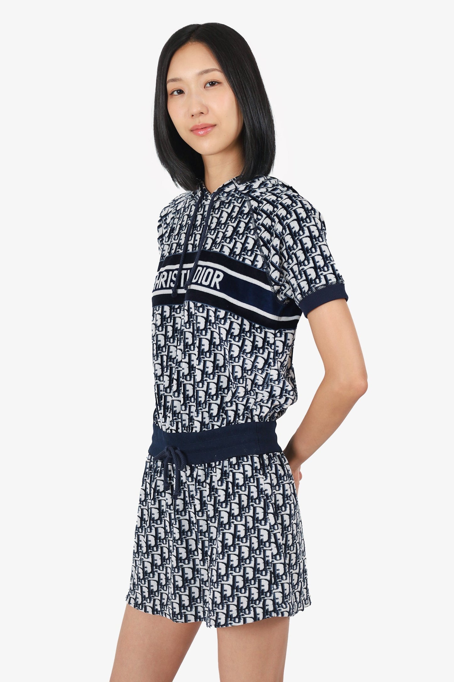 Christian Dior Navy Blue Oblique Cotton Terry Hooded Dress Size XS