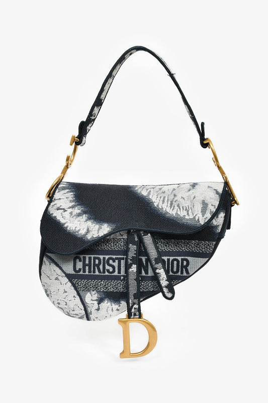 Christian Dior 2020 Navy Blue/White Embroidered Jacquard Saddle Bag