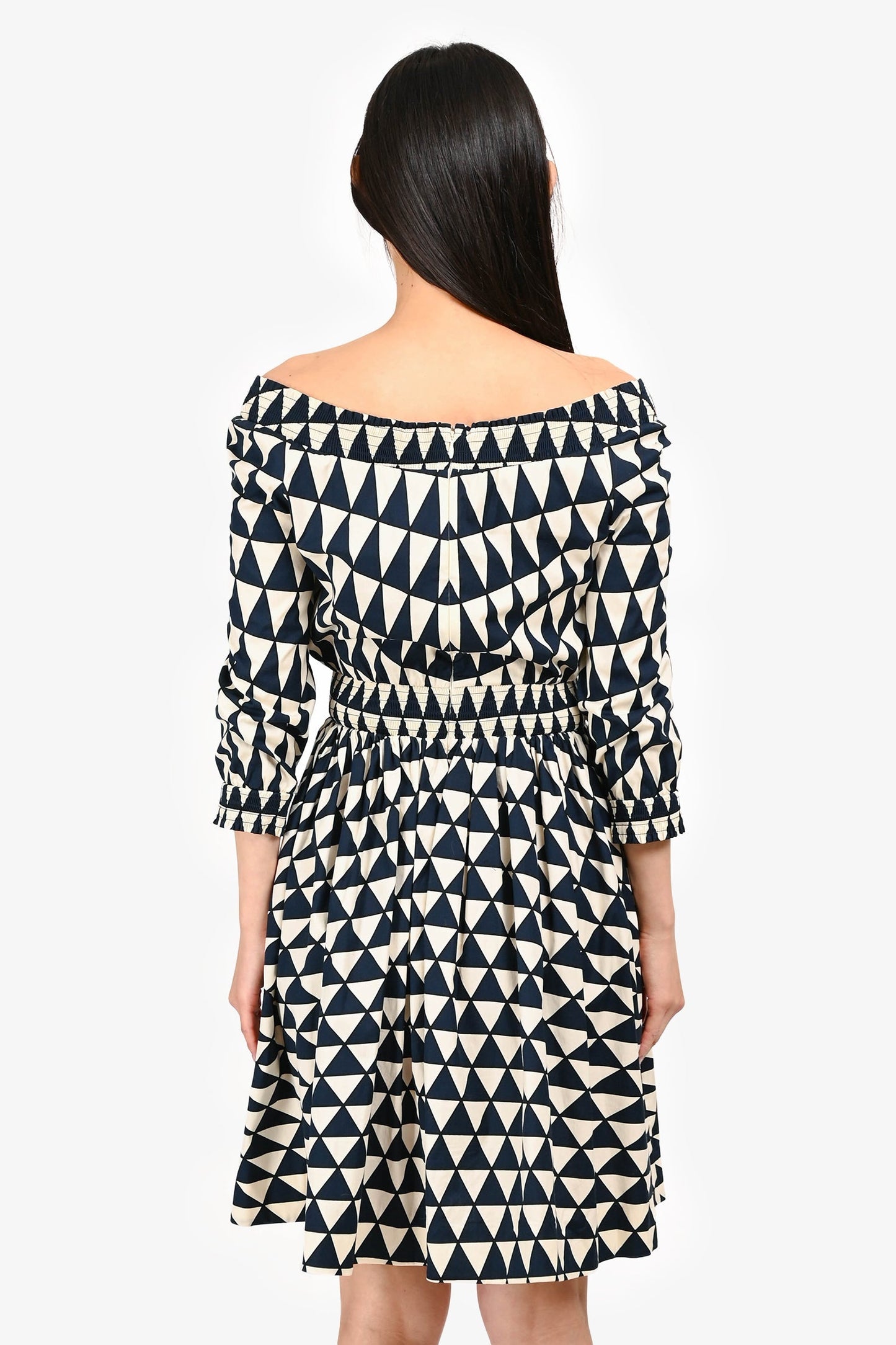 Prada Navy/White Cotton Triangle Pattern Knee Length Long Sleeve Dress Size 40