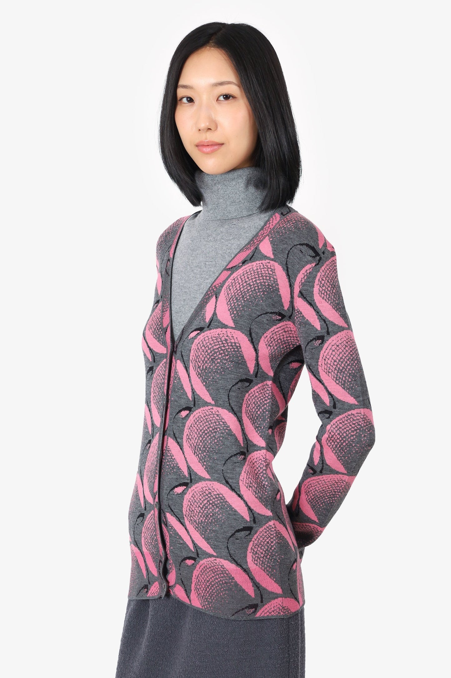 Prada Grey/Pink Wool Knit Printed Cardigan Size 40