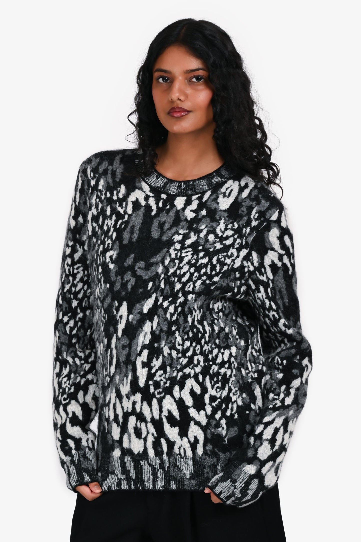 Saint Laurent Black/Grey Wool Blend Animal Print Crew Neck Sweater Size M