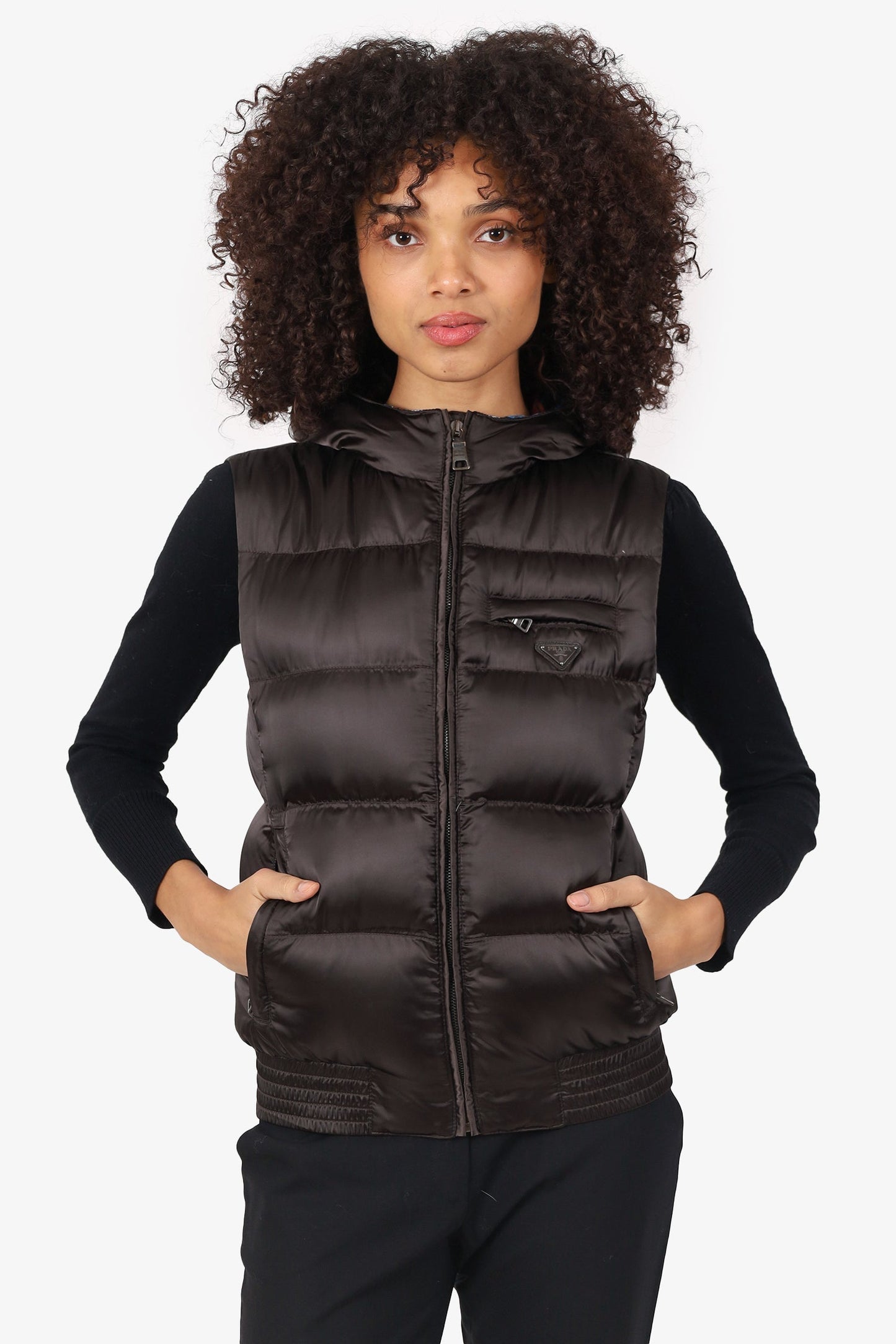 Prada Black Nylon Down Puffer Vest With Hood Size 38