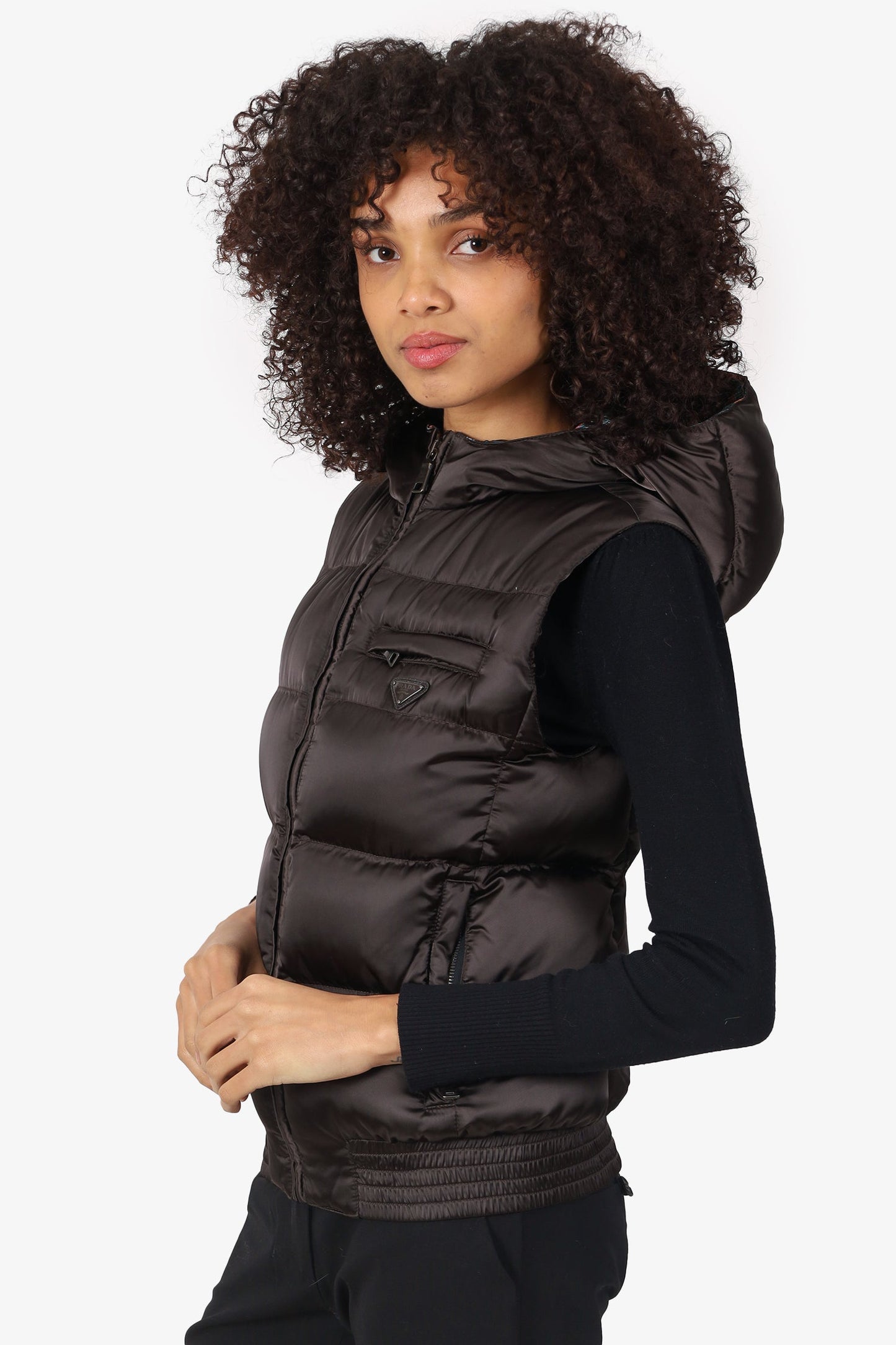 Prada Black Nylon Down Puffer Vest With Hood Size 38
