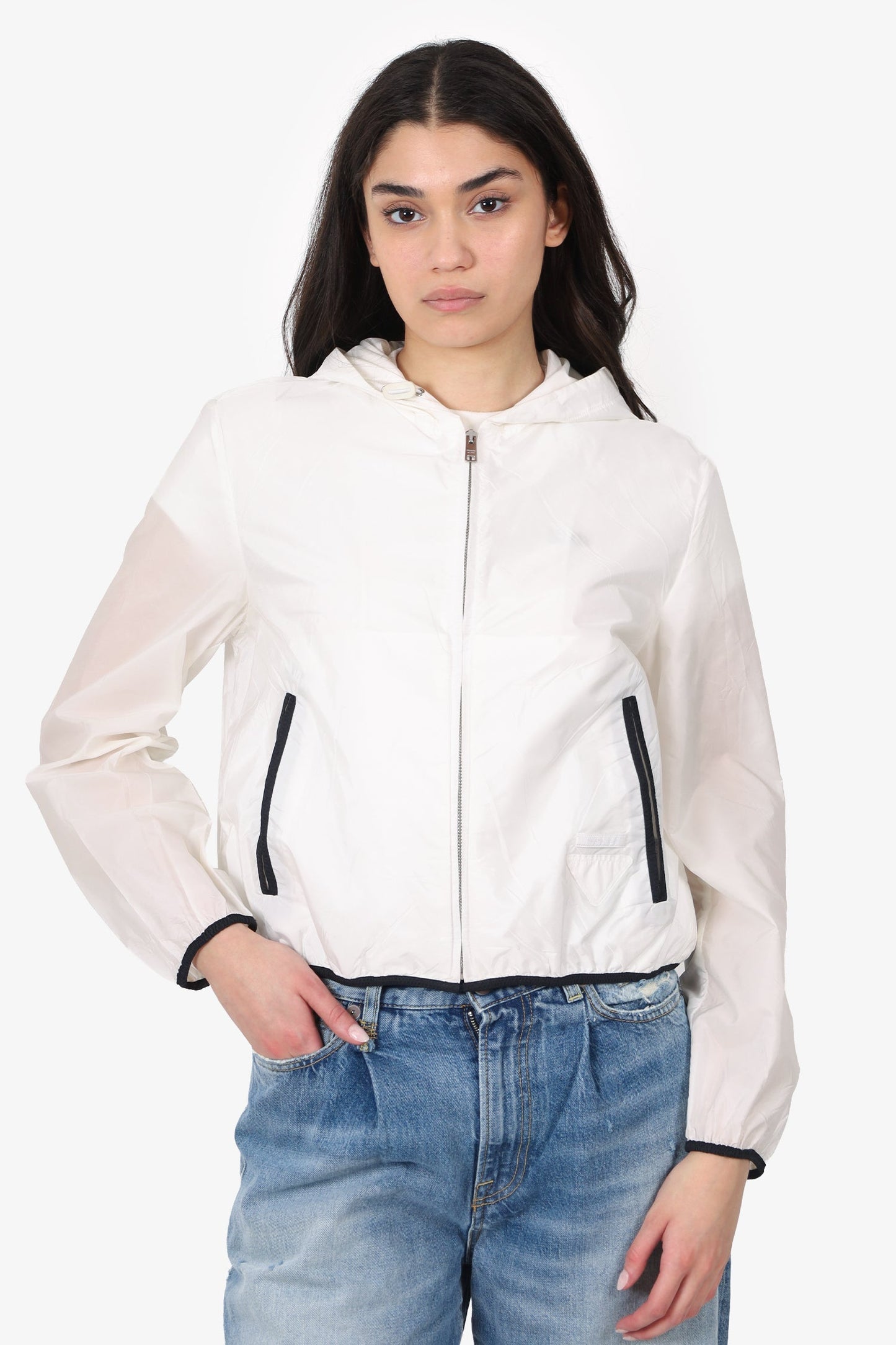 Prada White Cropped Windbreaker With Hood Size 42