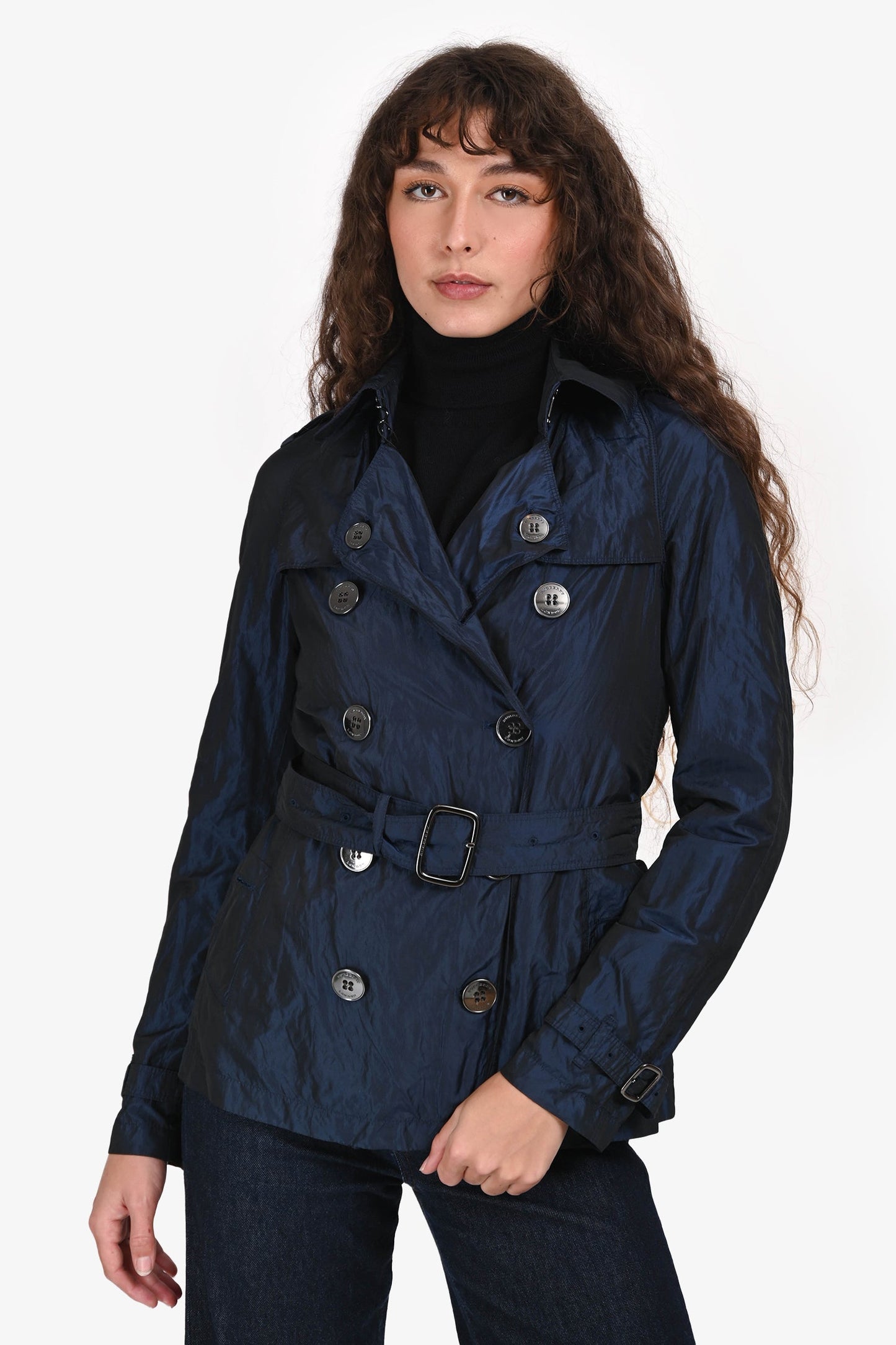 Burberry London Navy Metallic Double Breasted Belted Short Trench Jacket Estimated Size XS