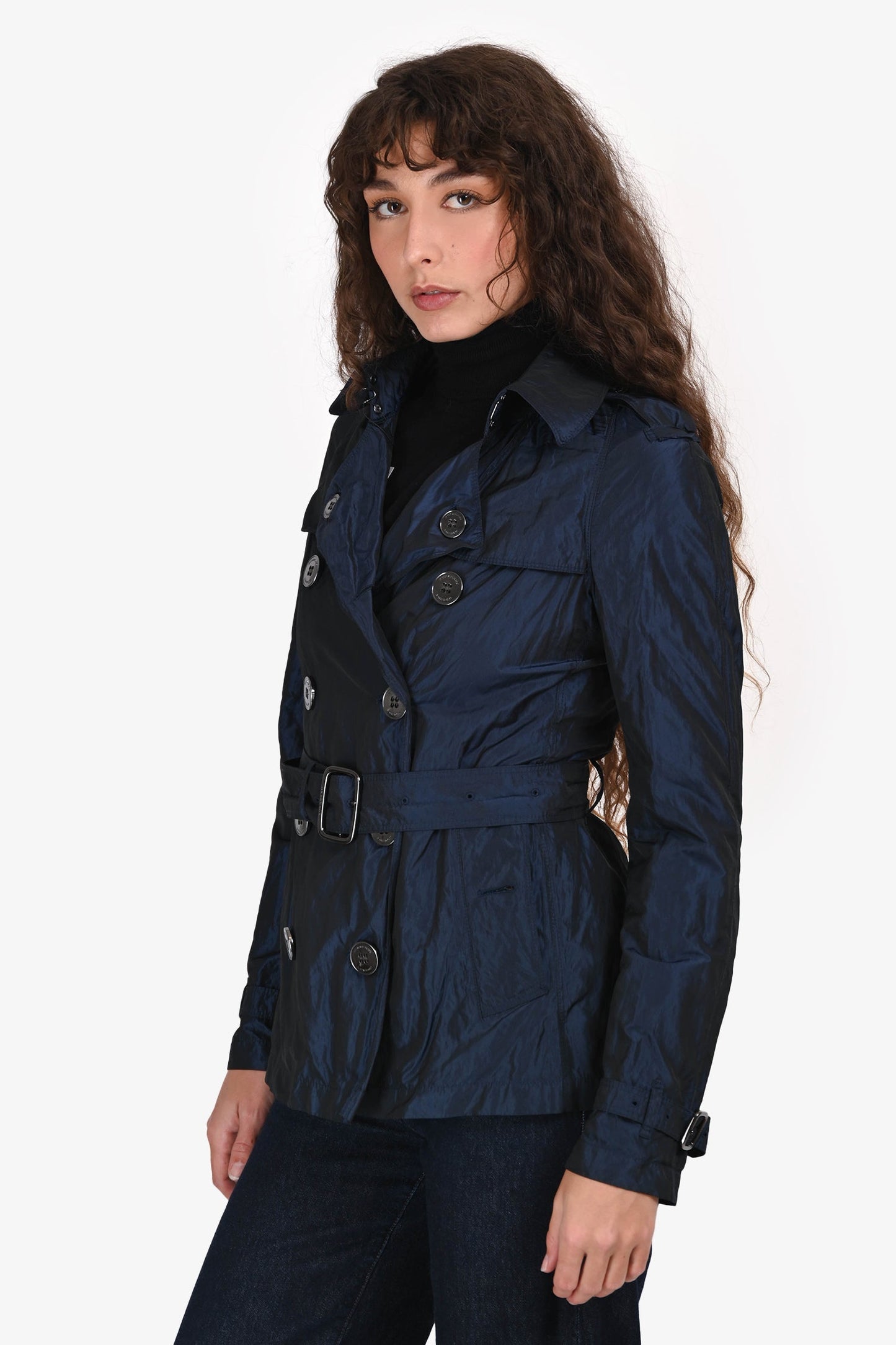 Burberry London Navy Metallic Double Breasted Belted Short Trench Jacket Estimated Size XS