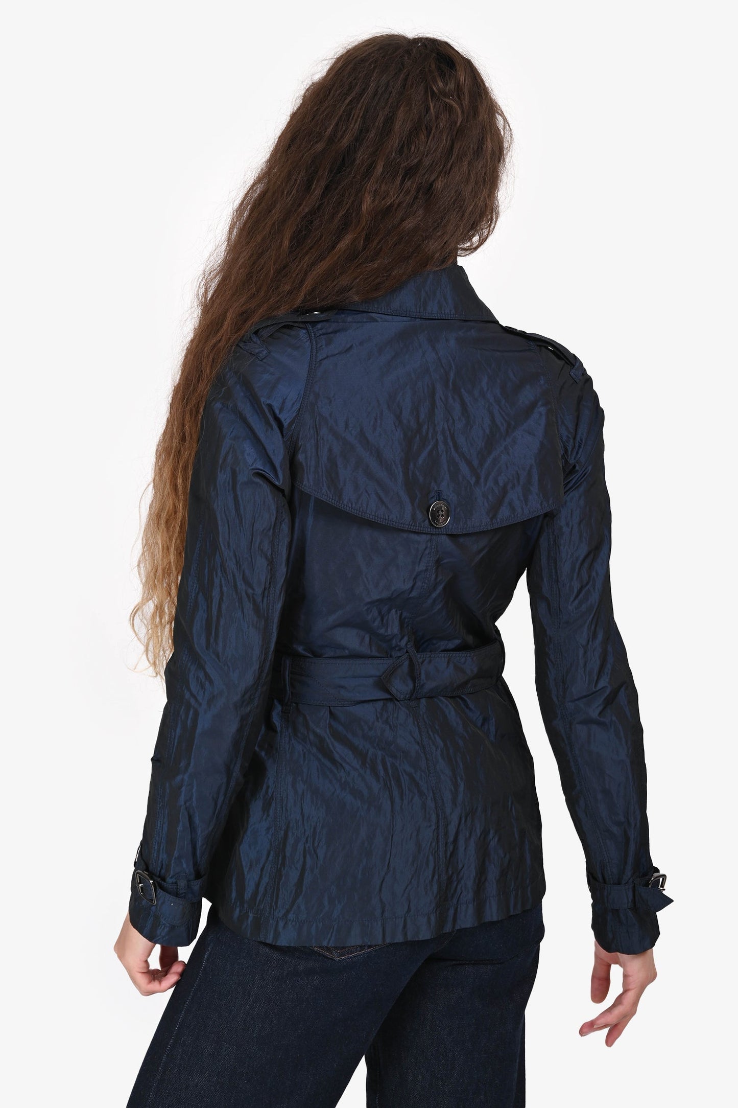 Burberry London Navy Metallic Double Breasted Belted Short Trench Jacket Estimated Size XS