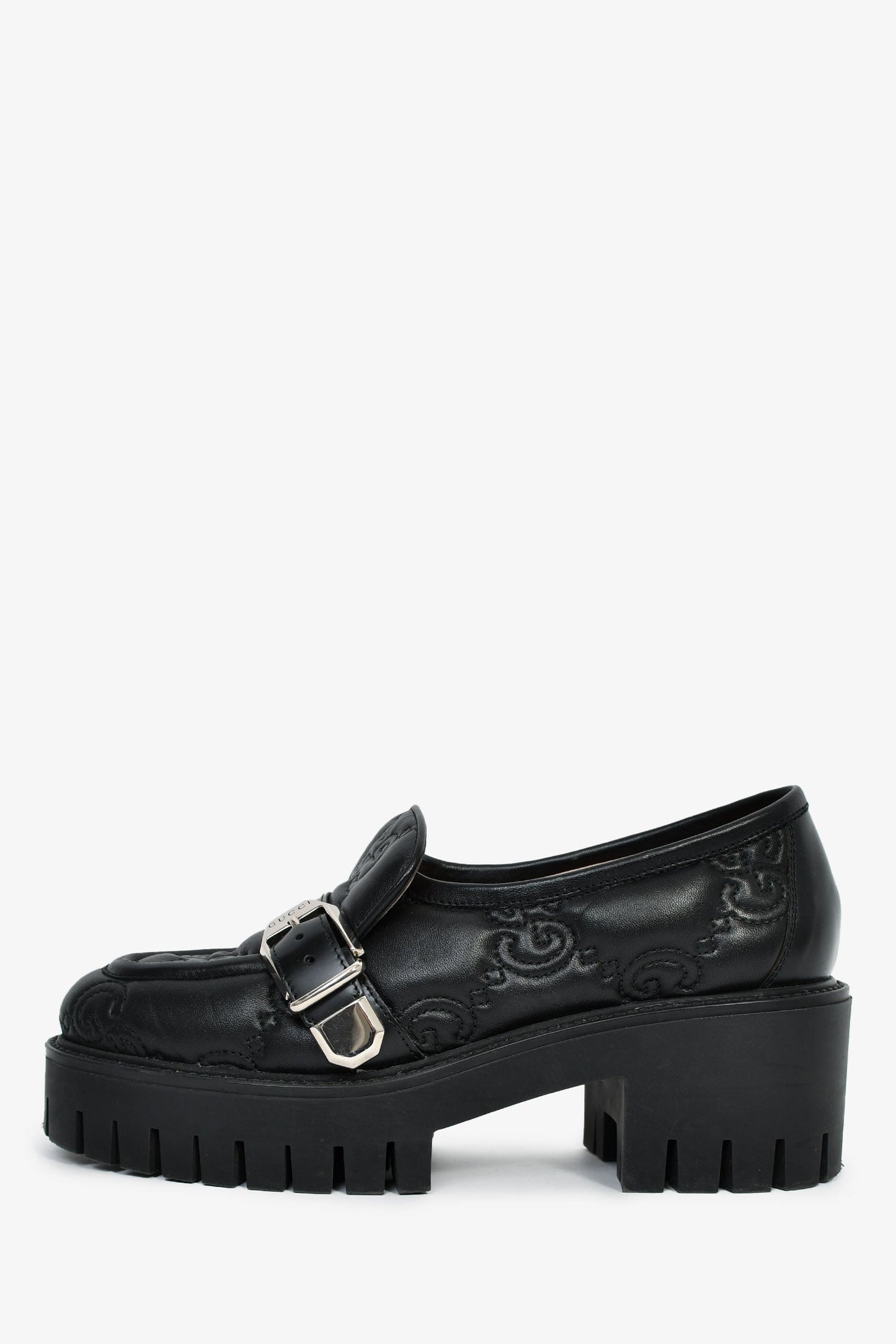 Gucci Black Leather GG Embossed Buckle Detail Platform Loafers Size 37