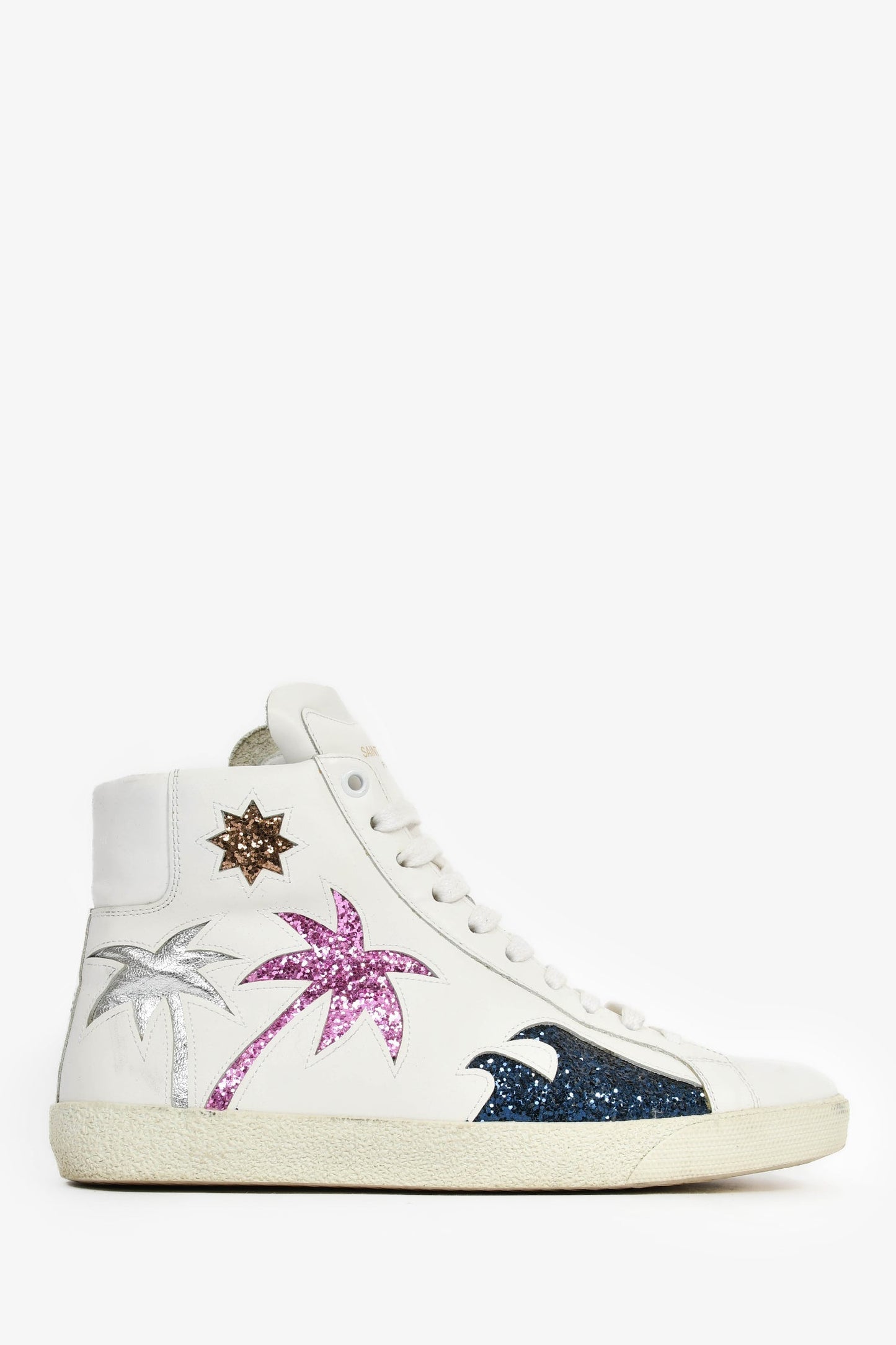 Saint Laurent White Leather 'Signature Palm Glitter' Sneakers Size 38.5