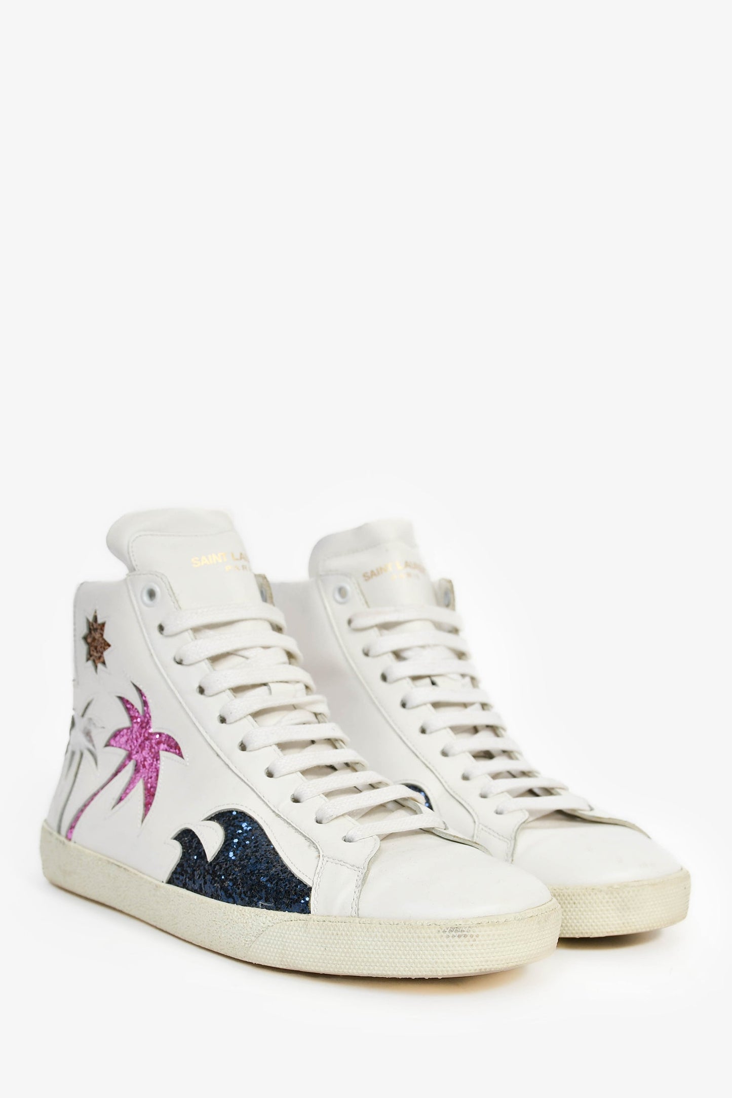 Saint Laurent White Leather 'Signature Palm Glitter' Sneakers Size 38.5