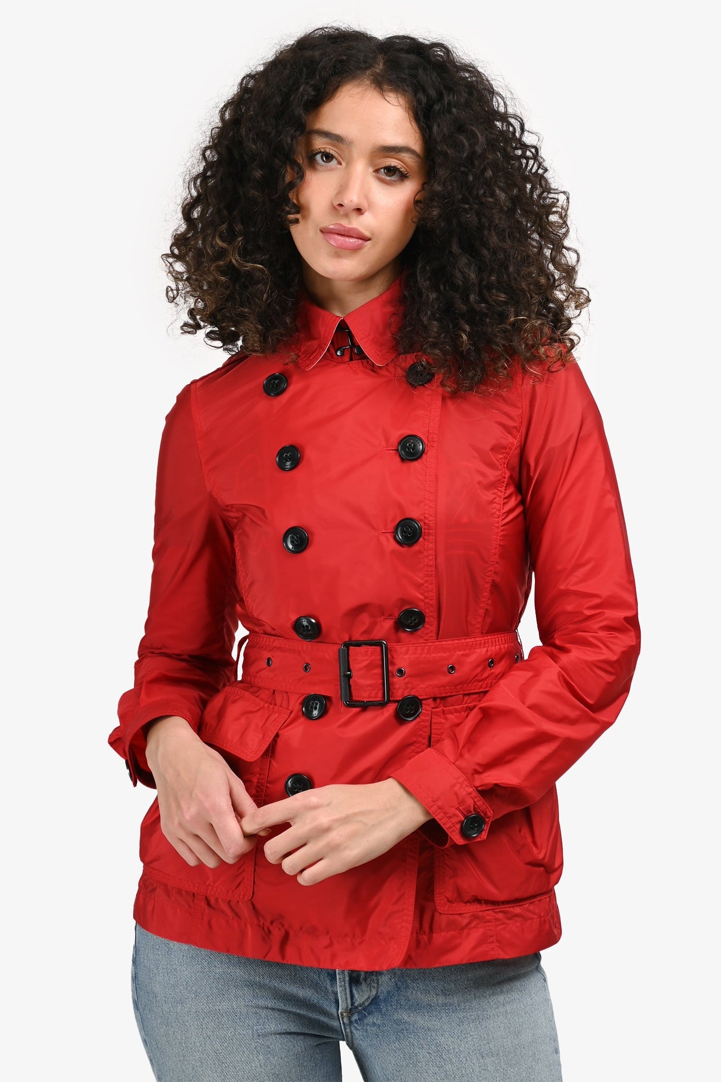 Burberry Brit Red Nylon Double Breasted Short Trench Coat Size 2 US