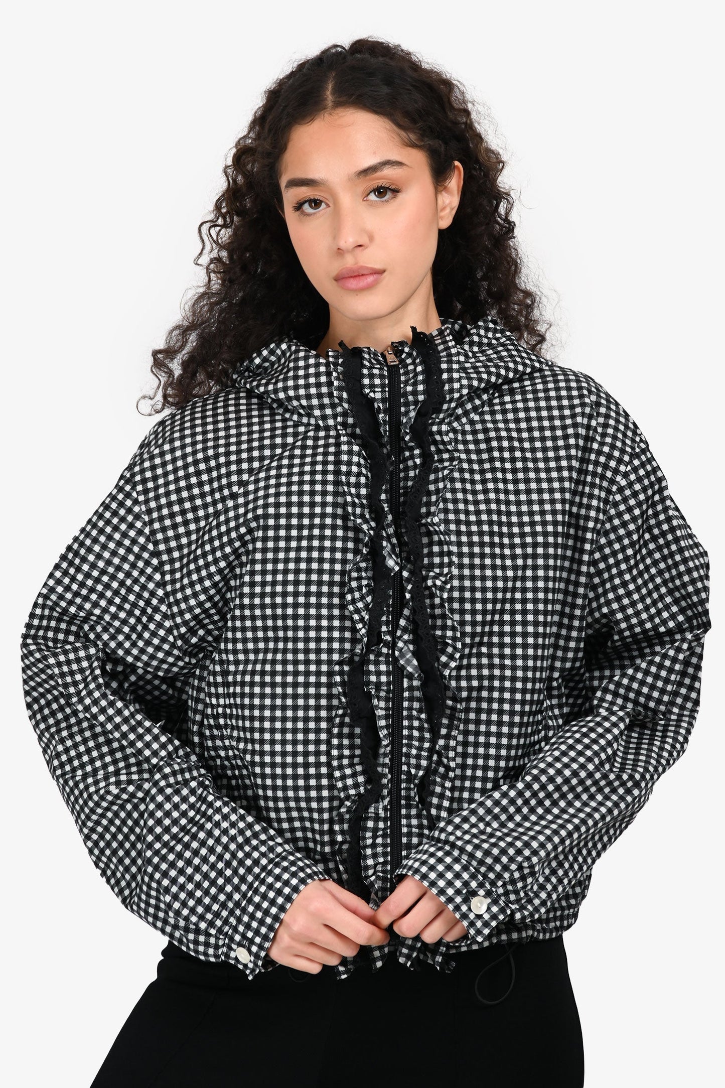 Prada 2018 Black/White Gingham Check Ruffle Detailed Wind Breaker Size 46