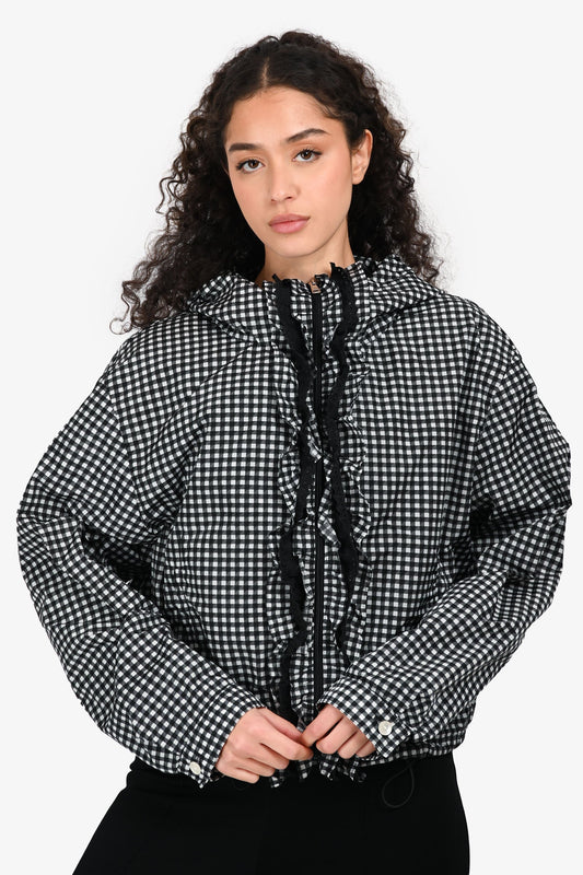 Prada 2018 Black/White Gingham Check Ruffle Detailed Wind Breaker Size 46
