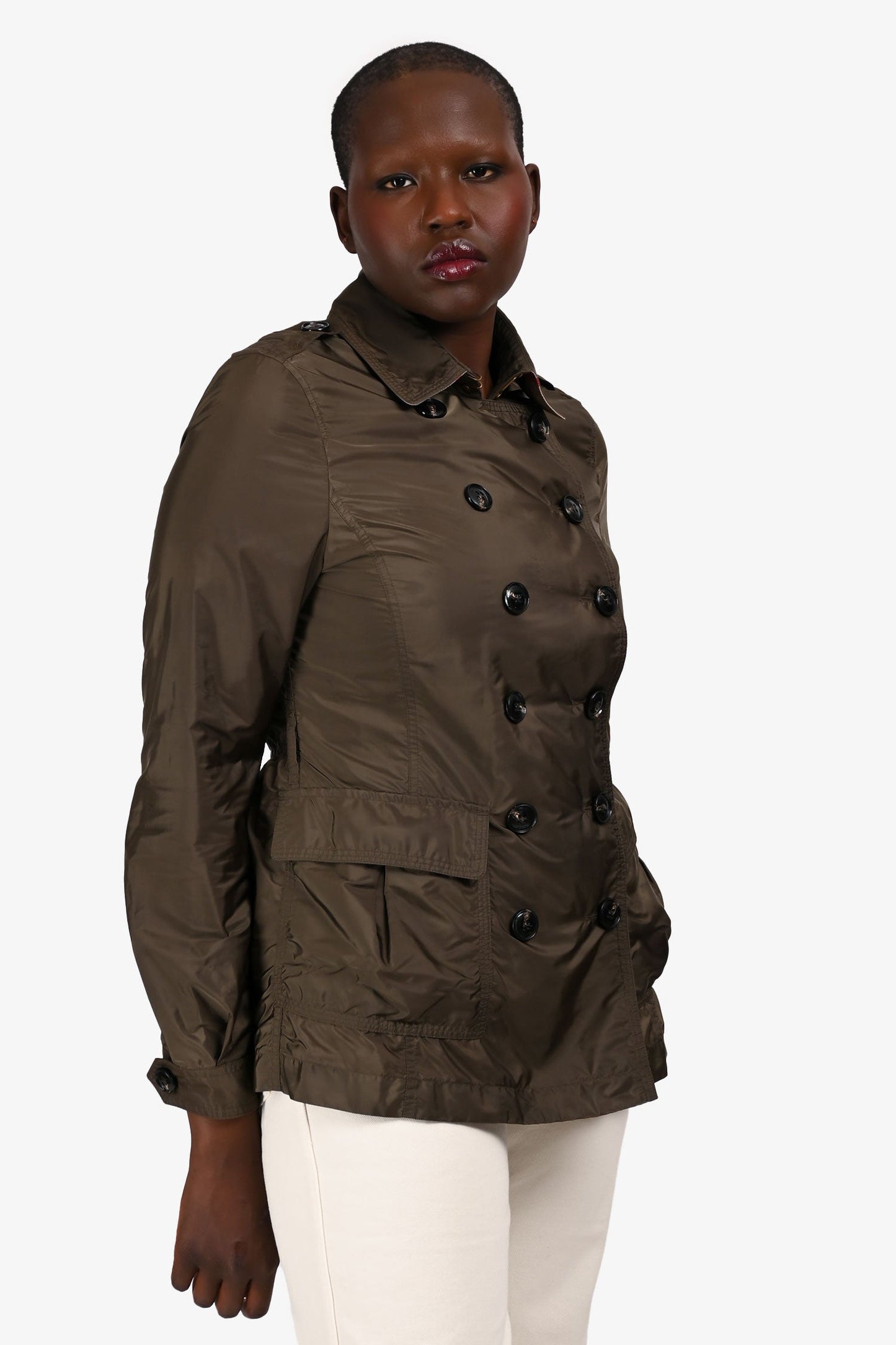 Burberry Brit Green Nylon Double Breasted Short Trench Coat Size 8 US