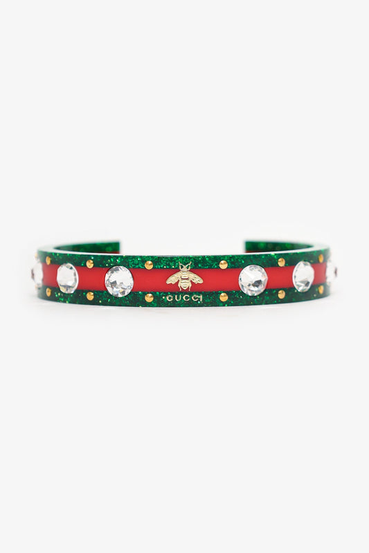 Gucci Green/Red   Web Cuff Bracelet With Crystals