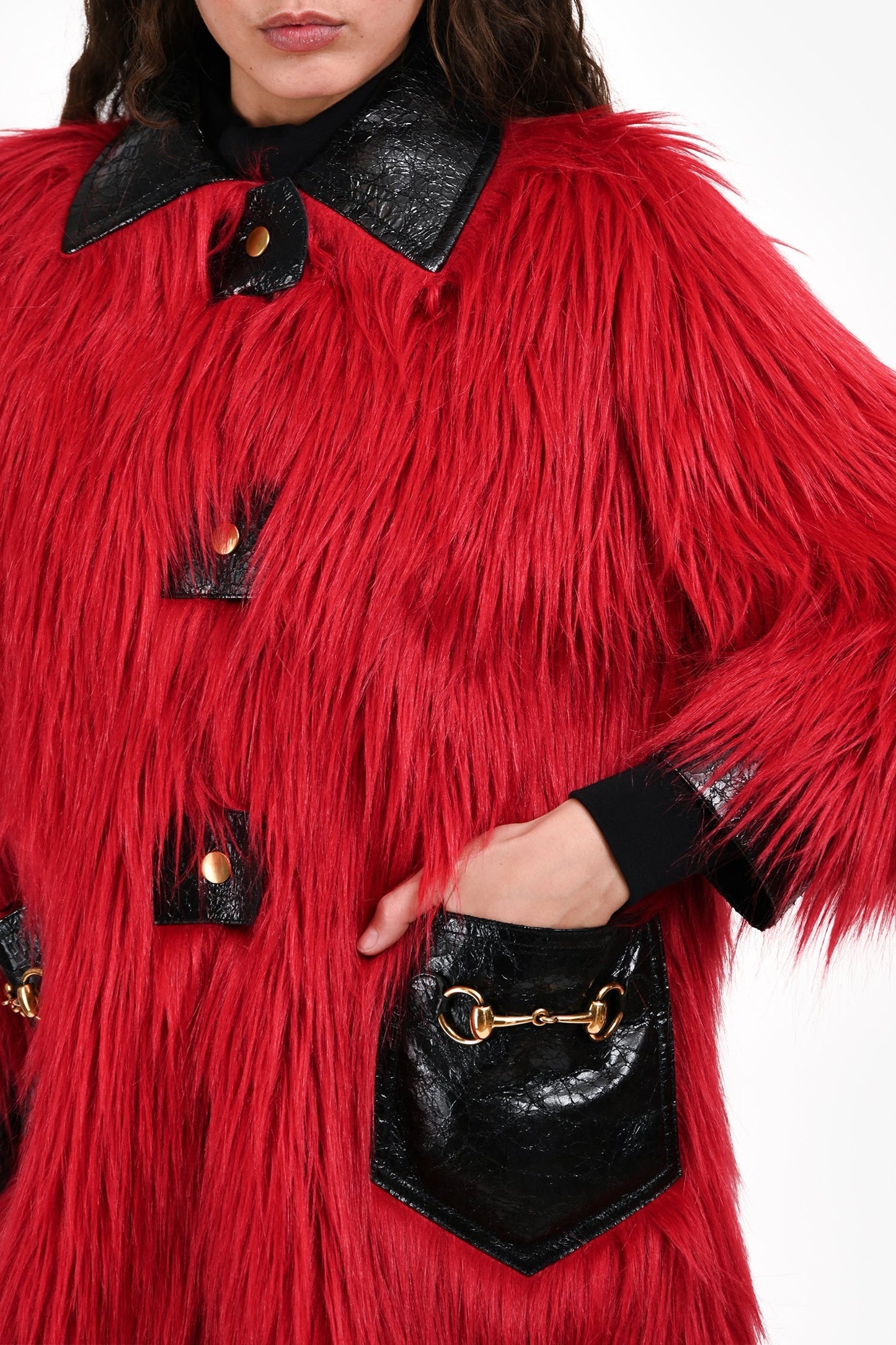 Gucci 2016 Black/Red Coated Leather/Faux Hair Horsebit Detail Jacket Size 40
