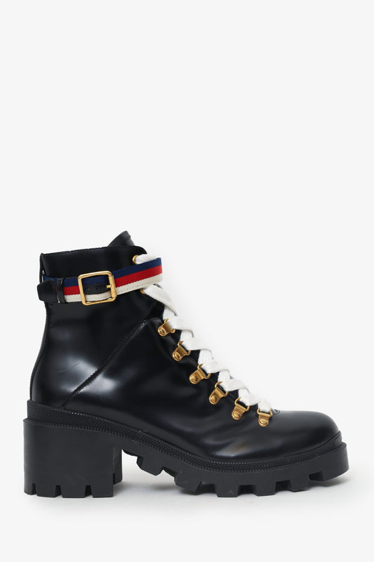 Gucci Black Leather Sylvie Web Combat Boots Size 40