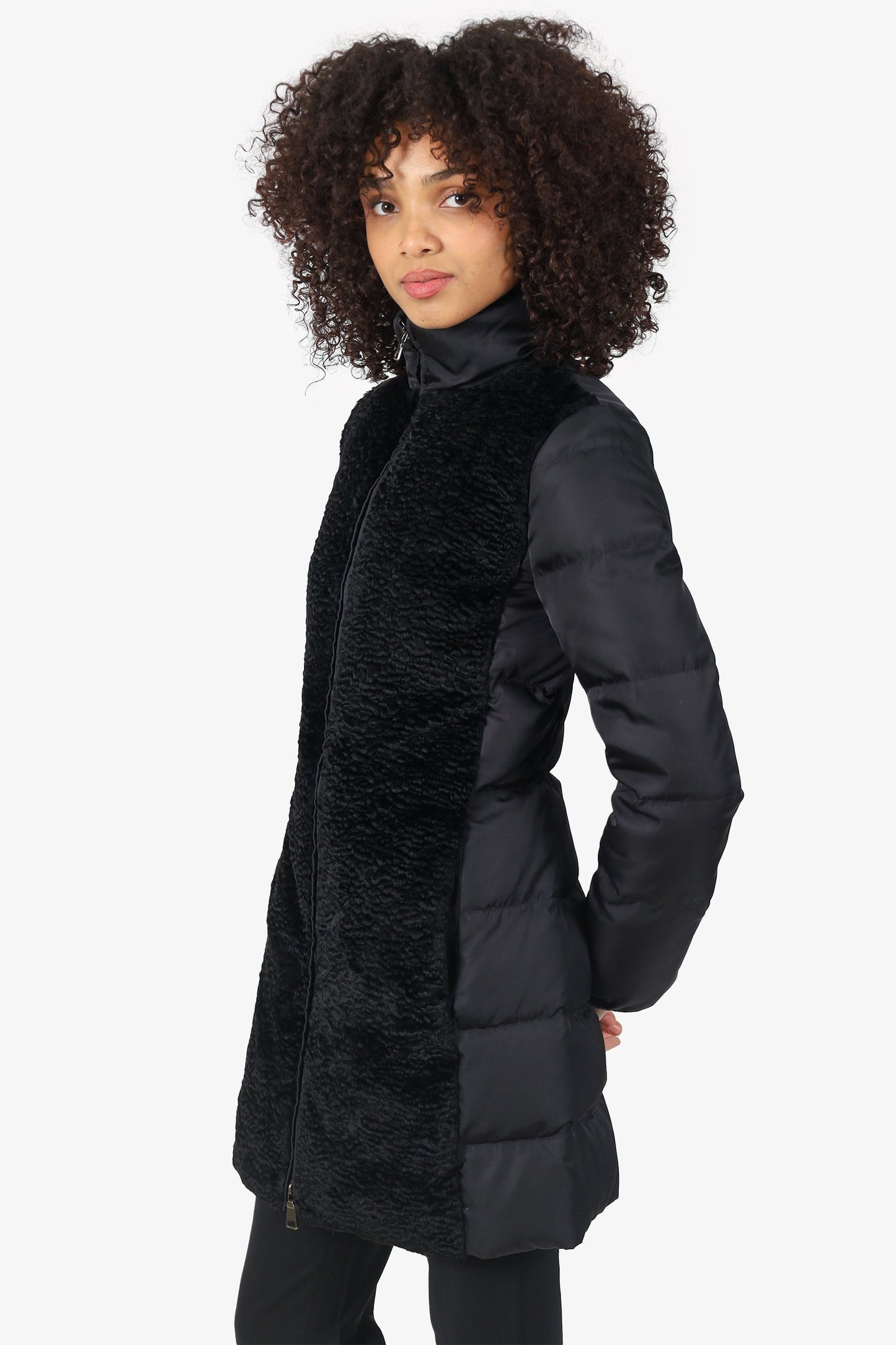 Prada Black Nylon/Shearling Quilted Zip-up Puffer Jacket Size 38