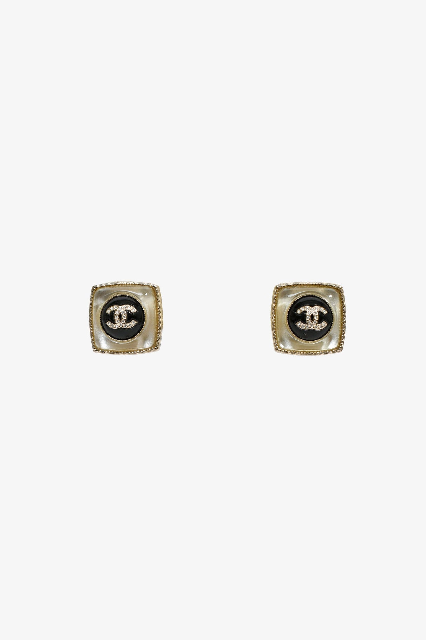 Pre-Loved Chanel™ 2022 Champagne Gold Toned Black Crystal CC Square Stud Earrings