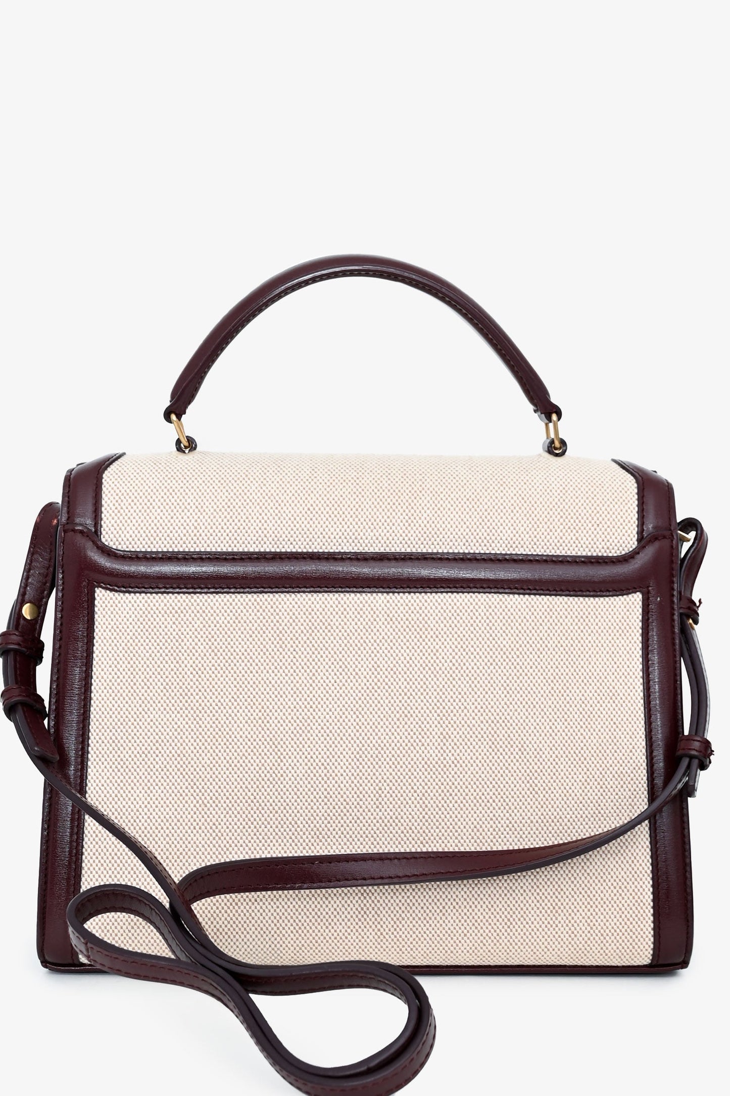 Saint Laurent 2020 Cream/Burgundy Canvas Leather-Trimmed Medium Cassandra Top Handle