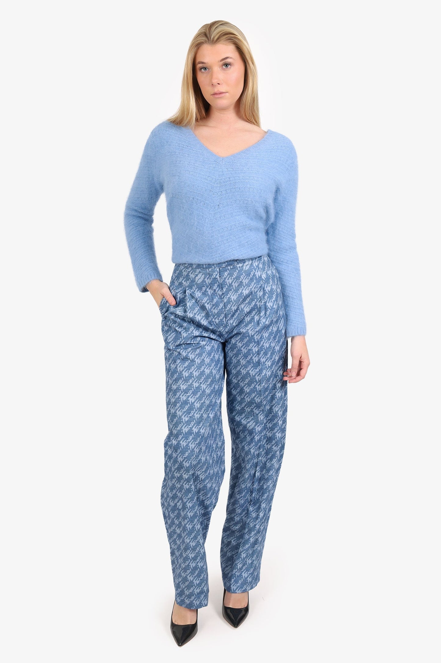 Fendi Blue Denim Logo All Over Chambray Tro rs Size 38