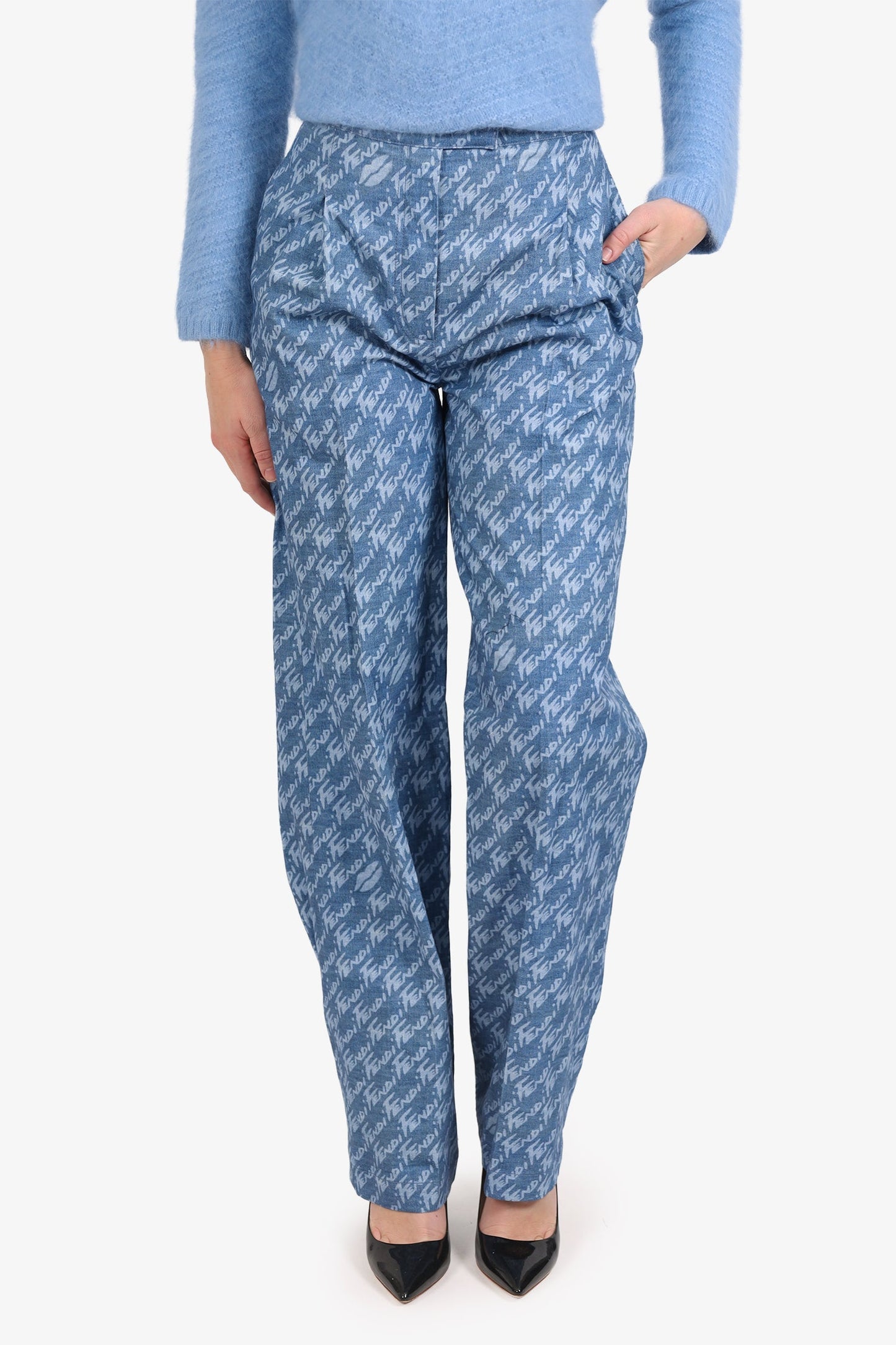 Fendi Blue Denim Logo All Over Chambray Tro rs Size 38