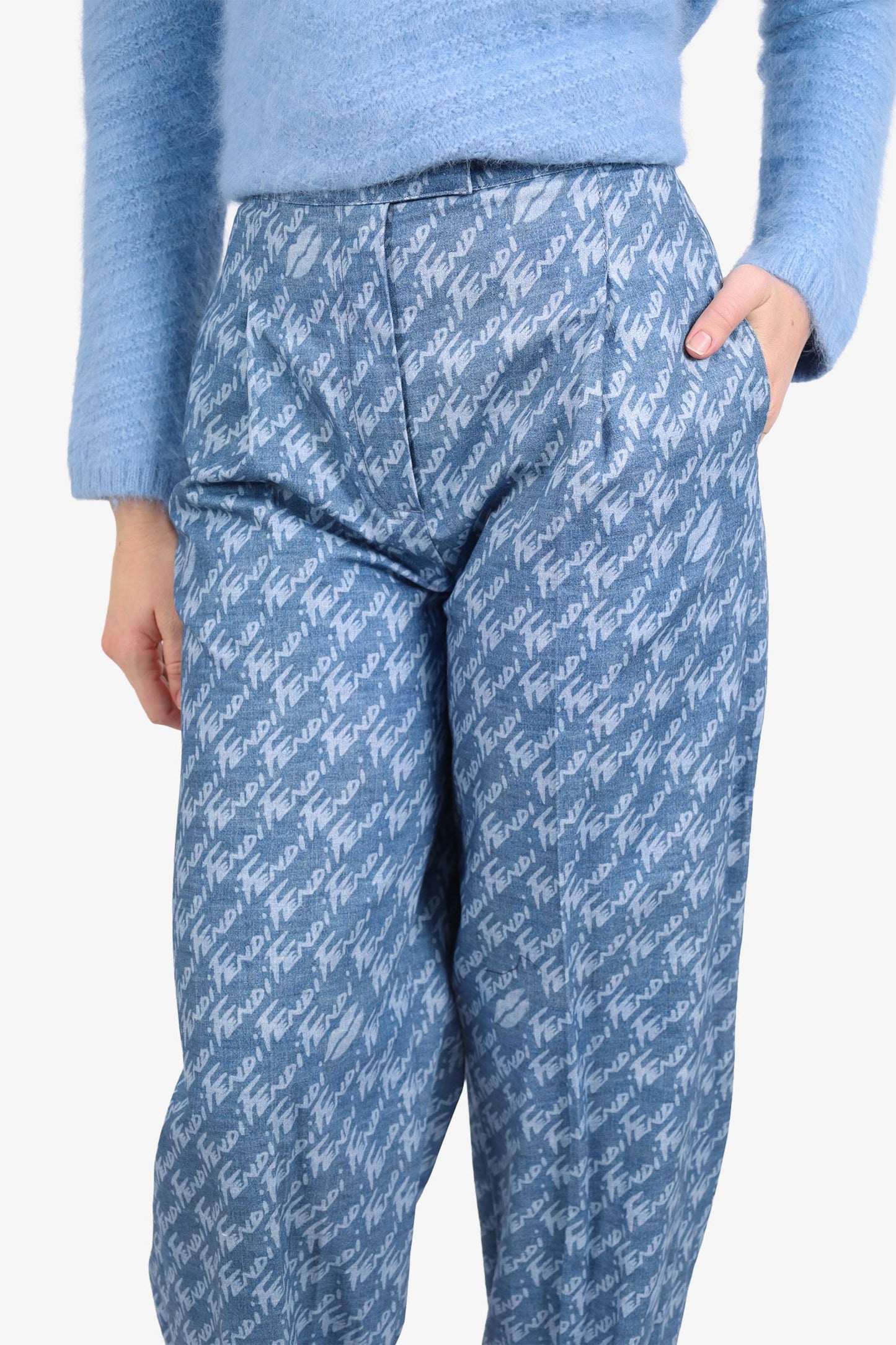 Fendi Blue Denim Logo All Over Chambray Tro rs Size 38