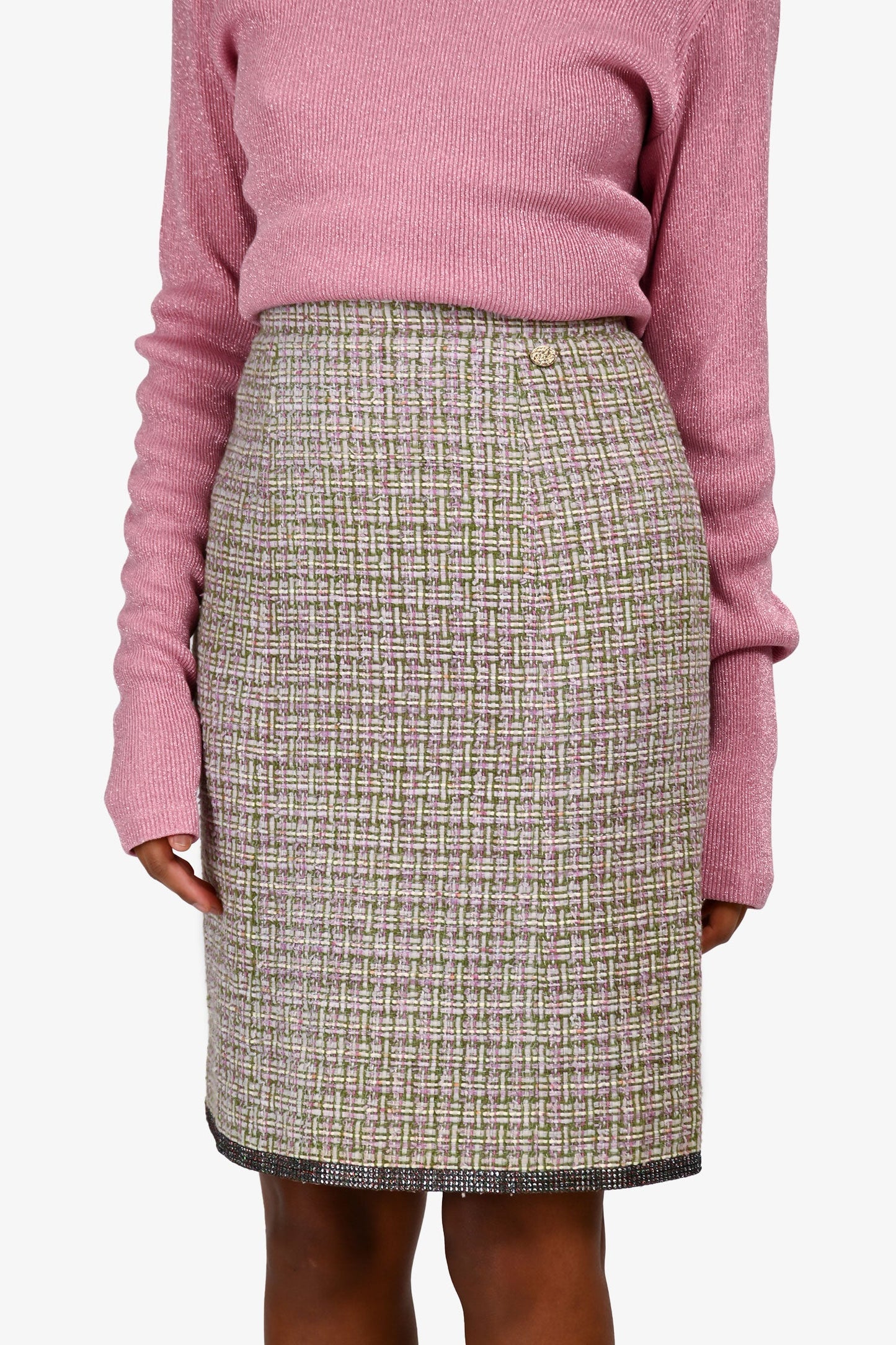 Pre-Loved Chanel™ Purple/Green Tweed Rhinestone Trim Midi Skirt Size 34