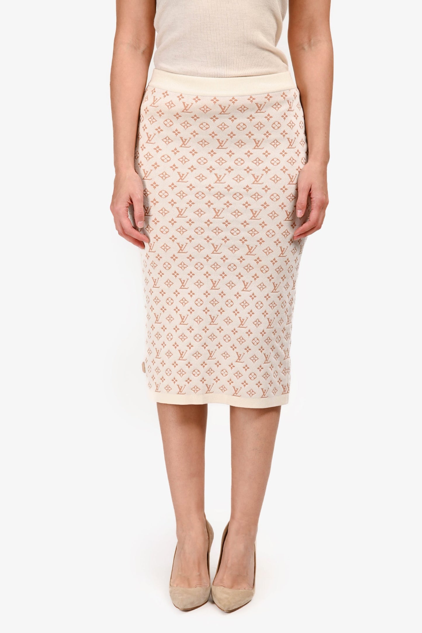 Louis Vuitton Cream/Tan Monogram Knit Midi Skirt Size XS