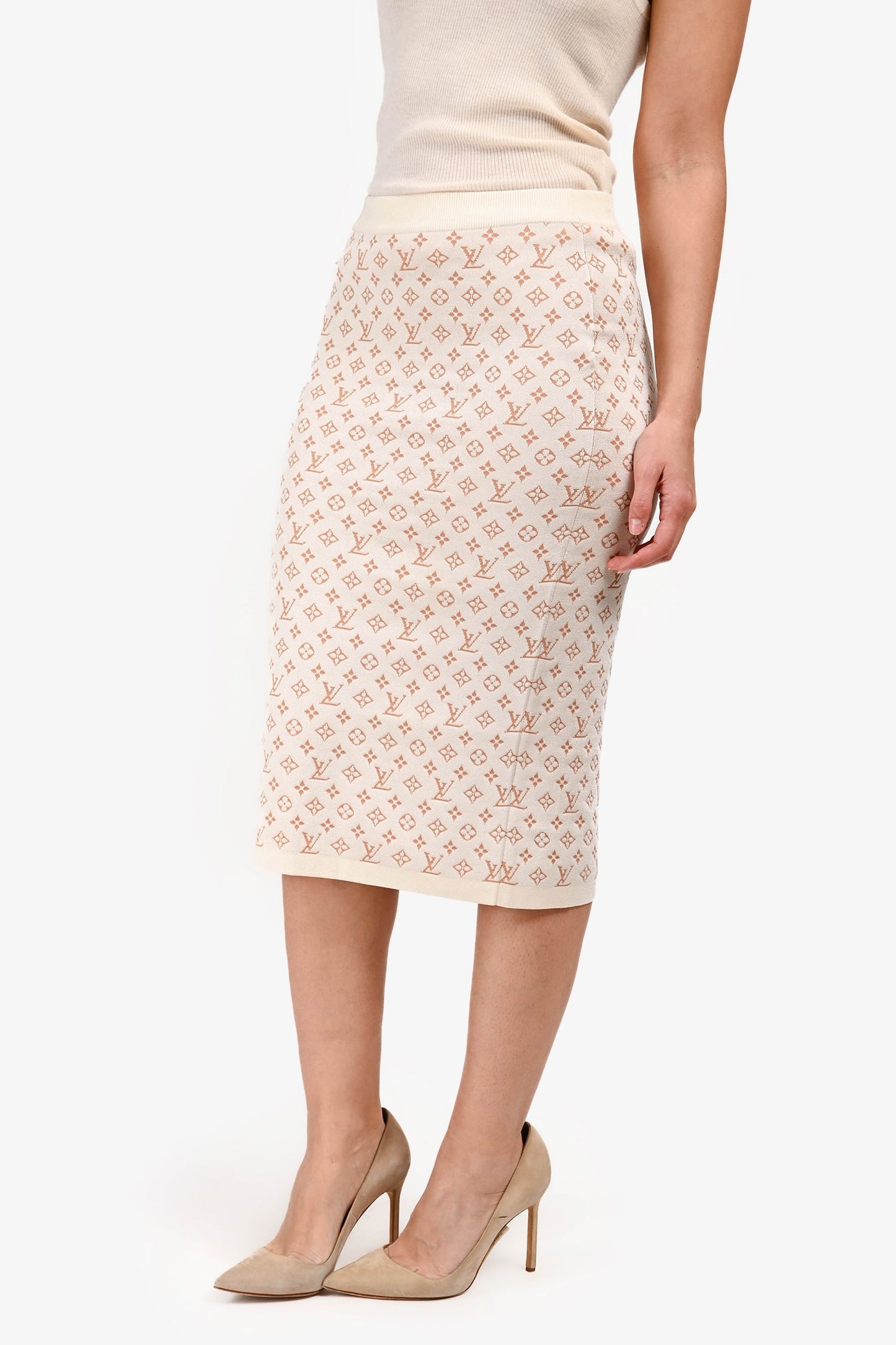 Louis Vuitton Cream/Tan Monogram Knit Midi Skirt Size XS