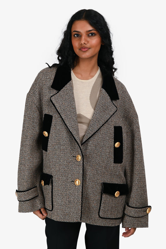 Gucci Grey/Brown Wool Boucle Herringbone 'Caban' Single Breasted Jacket Size 42