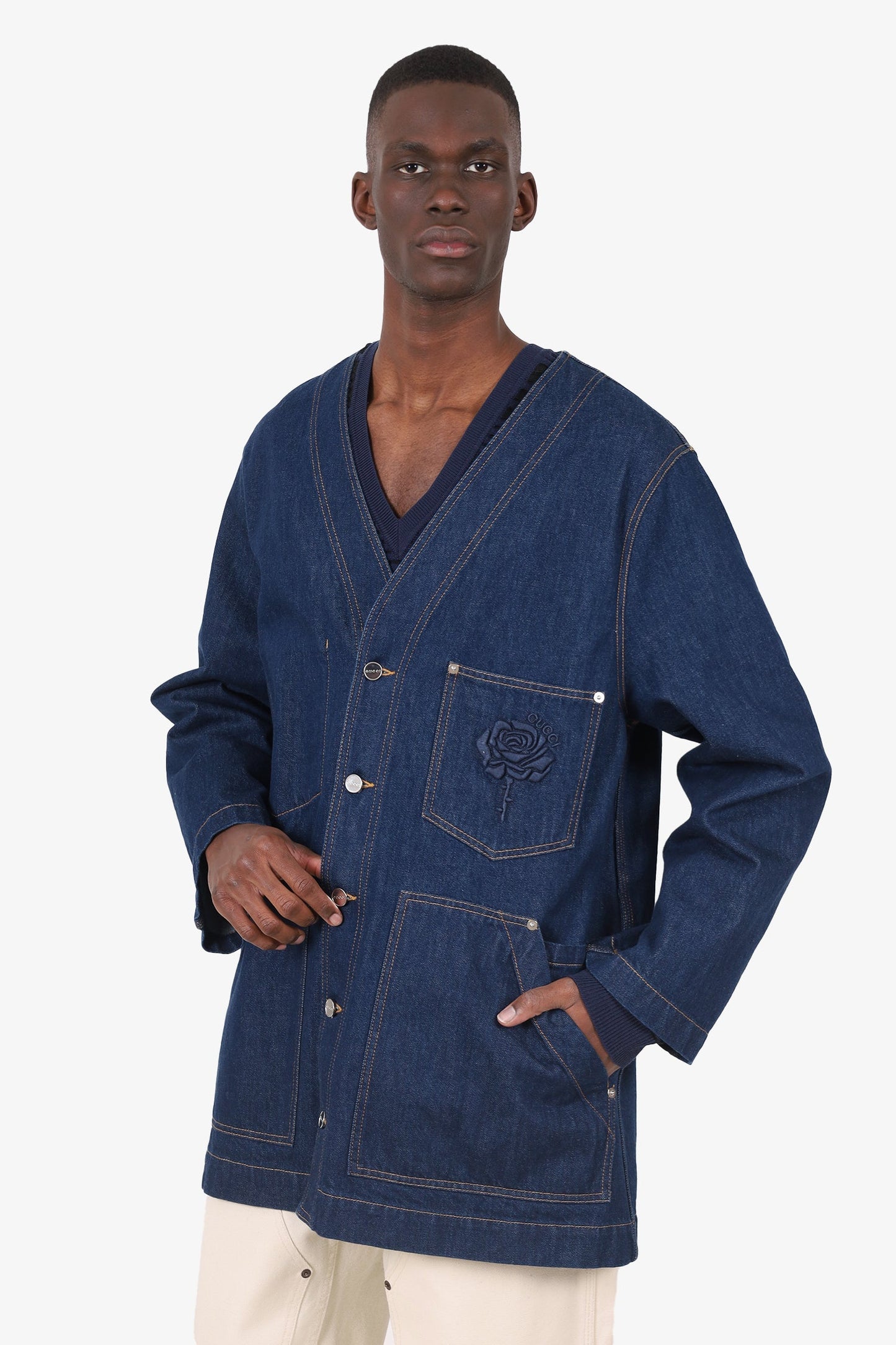 Gucci Blue Denim Rose Embroidery Kimono Jacket Size 56 Mens