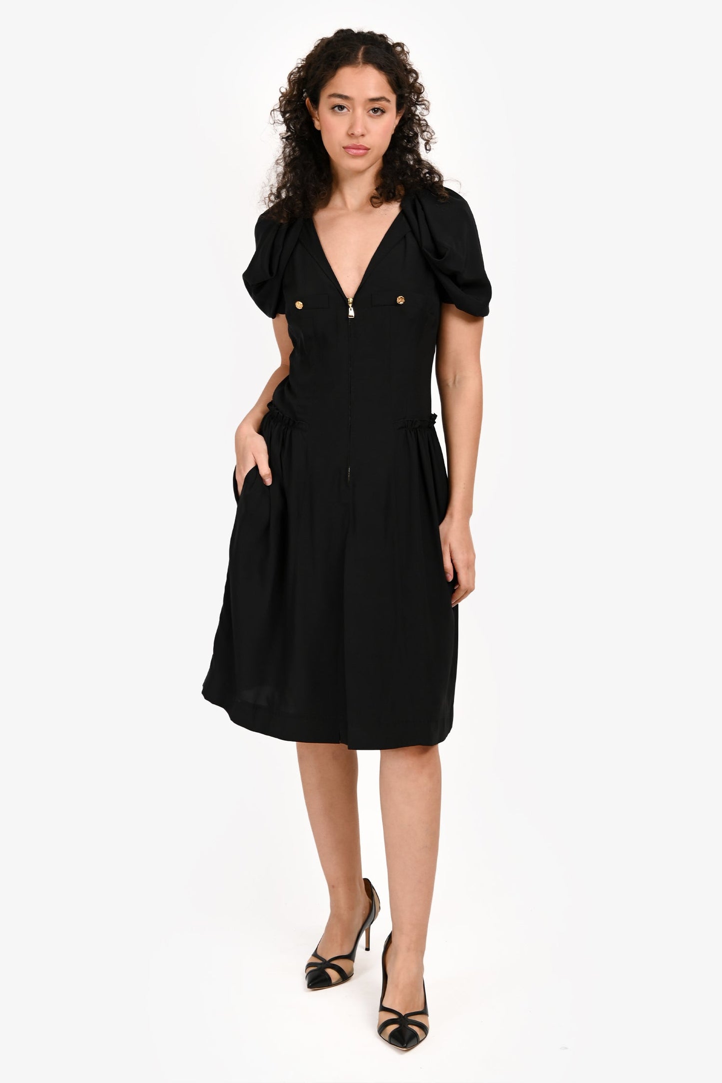Louis Vuitton Black Silk Puff Sleeve Zipper Midi Dress Size 38