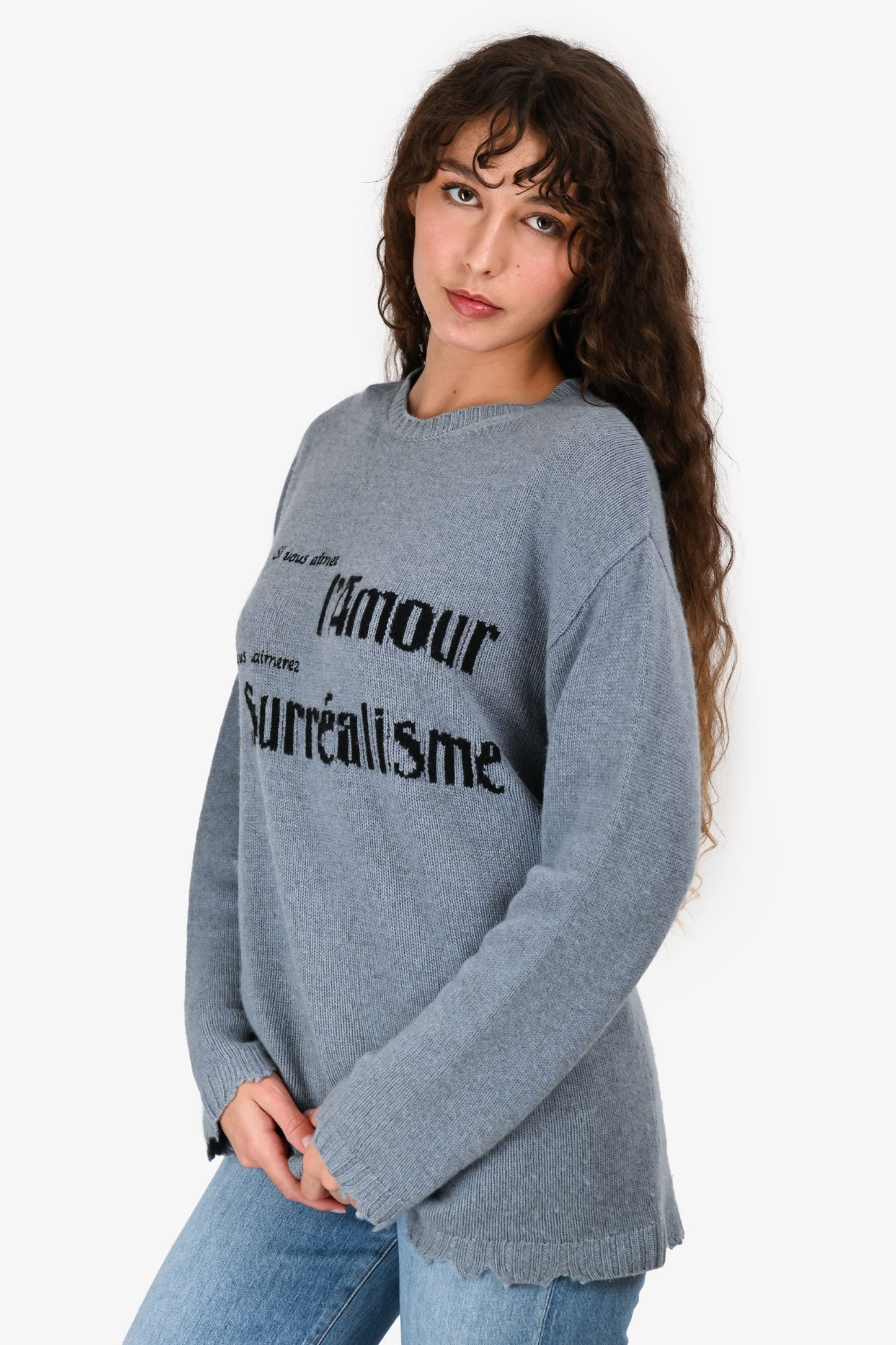 Christian Dior 2018 Blue Cashmere 'L'Amour' Distressed Hem Sweater Size 6
