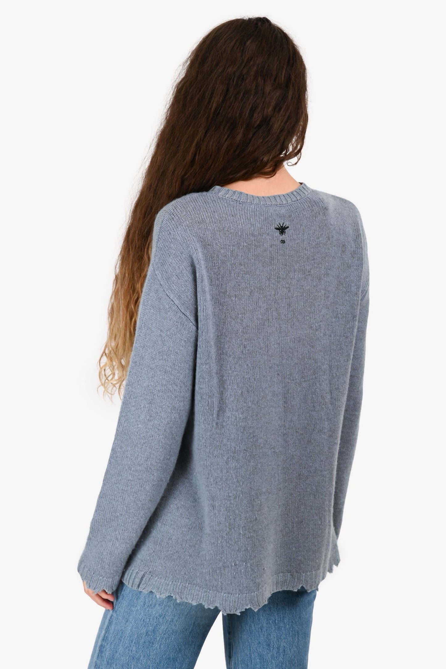 Christian Dior 2018 Blue Cashmere 'L'Amour' Distressed Hem Sweater Size 6