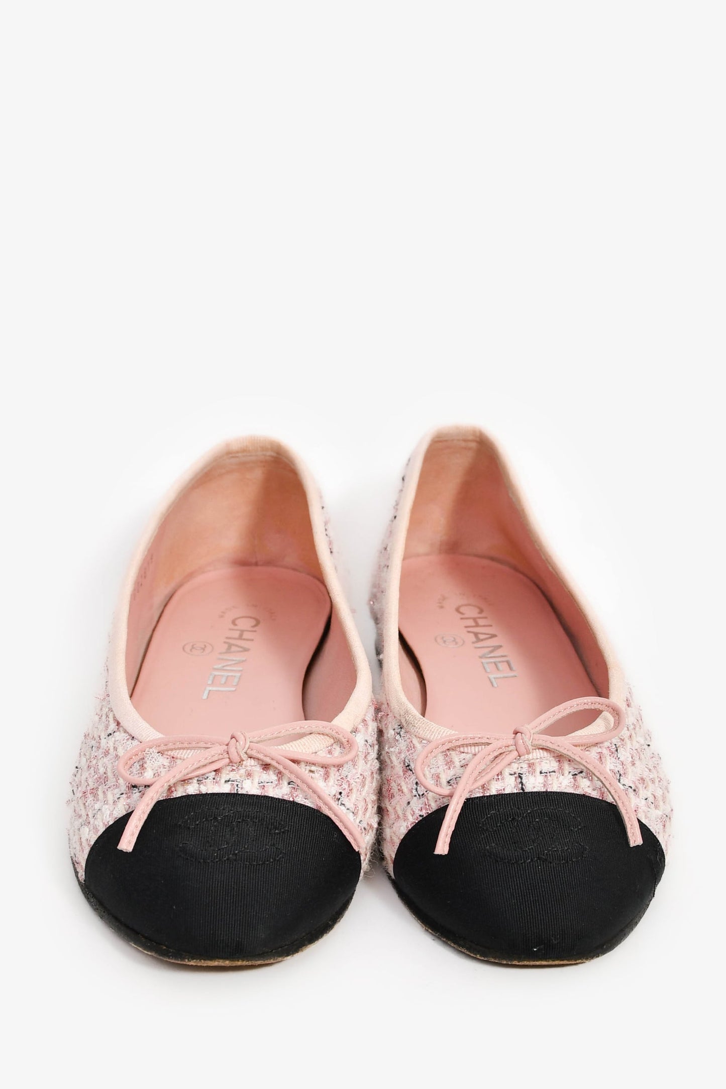 Pre-Loved Chanel™ Pink/Black Tweed CC Cap Toe Ballet Flats Size 36.5