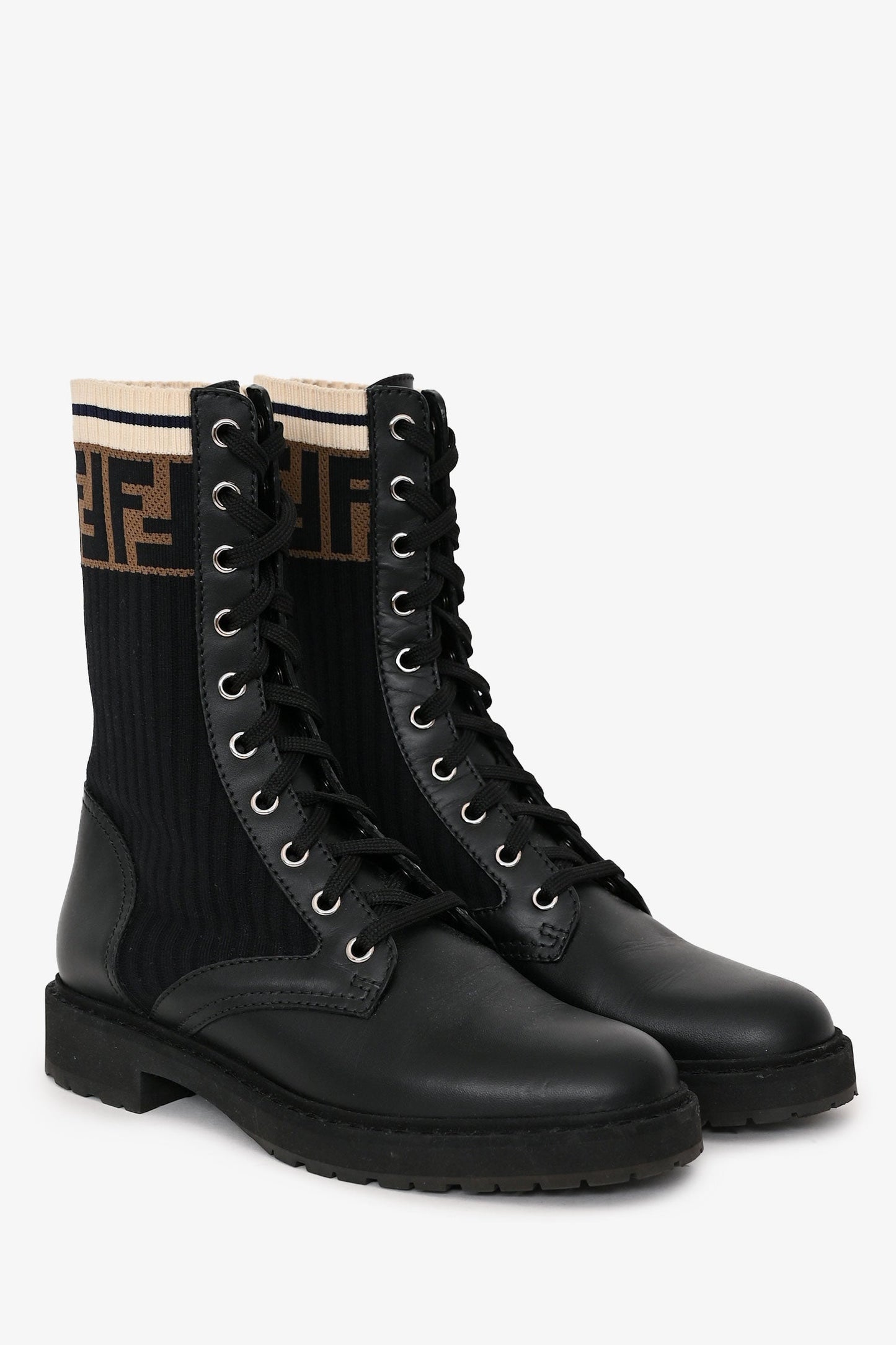 Fendi Black Leather Zucca Stretch Knit Combat Boots Size 37