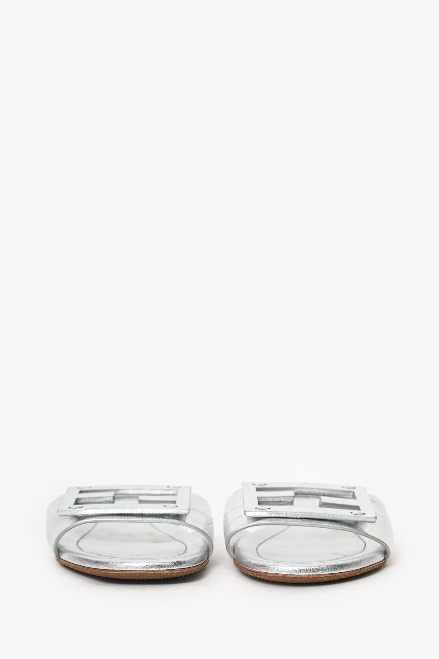 Fendi Silver Metallic Leather Baguette Slide Sandal Size 37