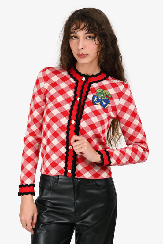 Gucci Red Wool Patterned Strawberry Embroidered Cardigan Size 12 Kids