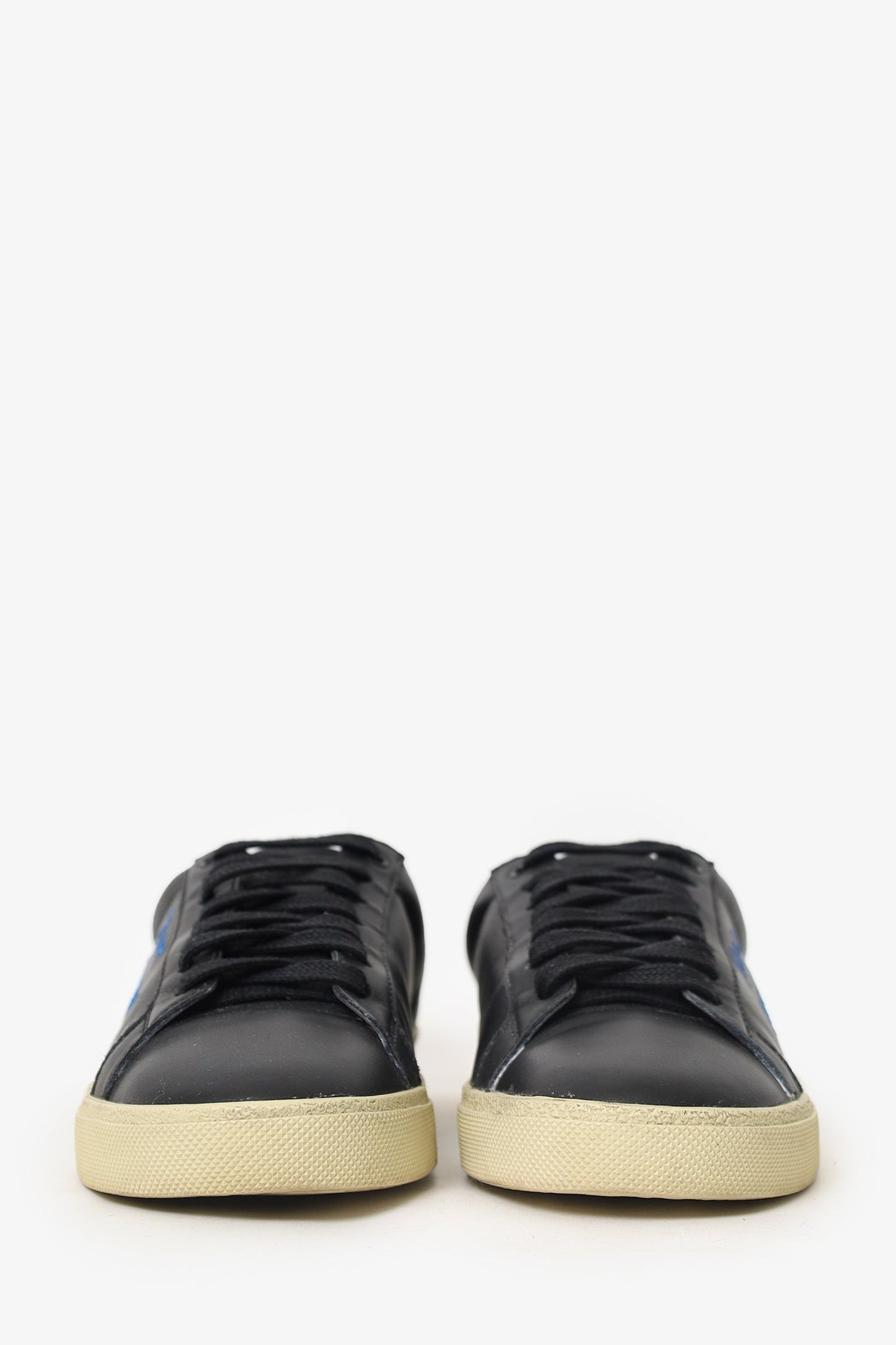 Saint Laurent Black Leather Blue Embroidered Sneakers Size 39