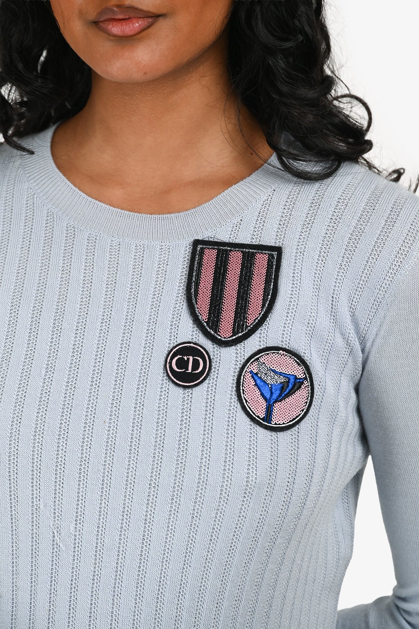 Christian Dior Blue Cashmere/Wool Patch Detail Sweater Size 4 US