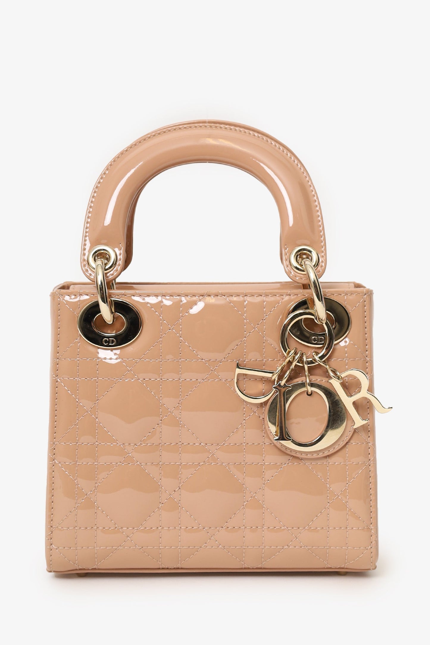 Christian Dior Beige Cannage Patent Leather Mini Lady Dior With Strap