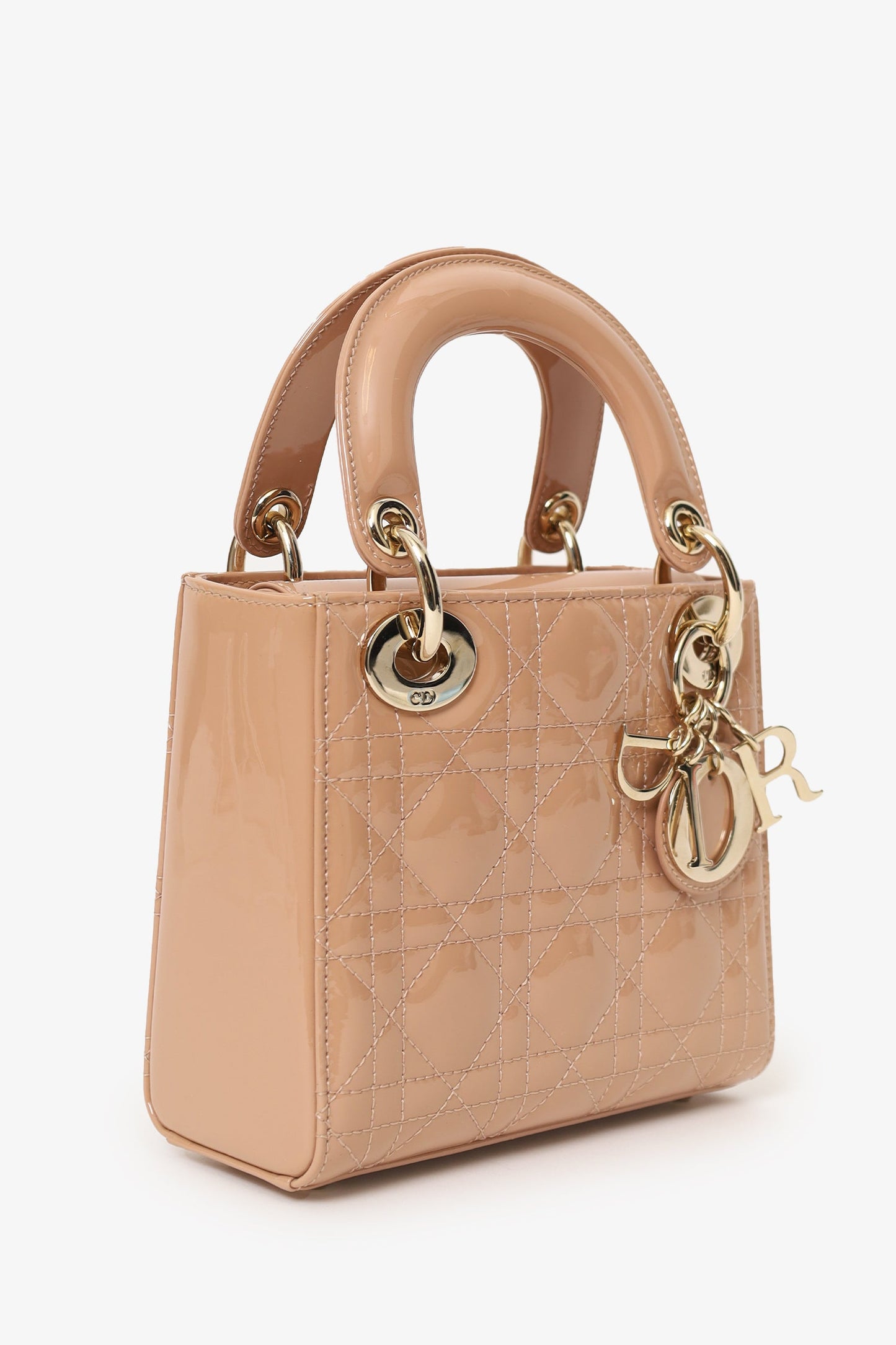 Christian Dior Beige Cannage Patent Leather Mini Lady Dior With Strap