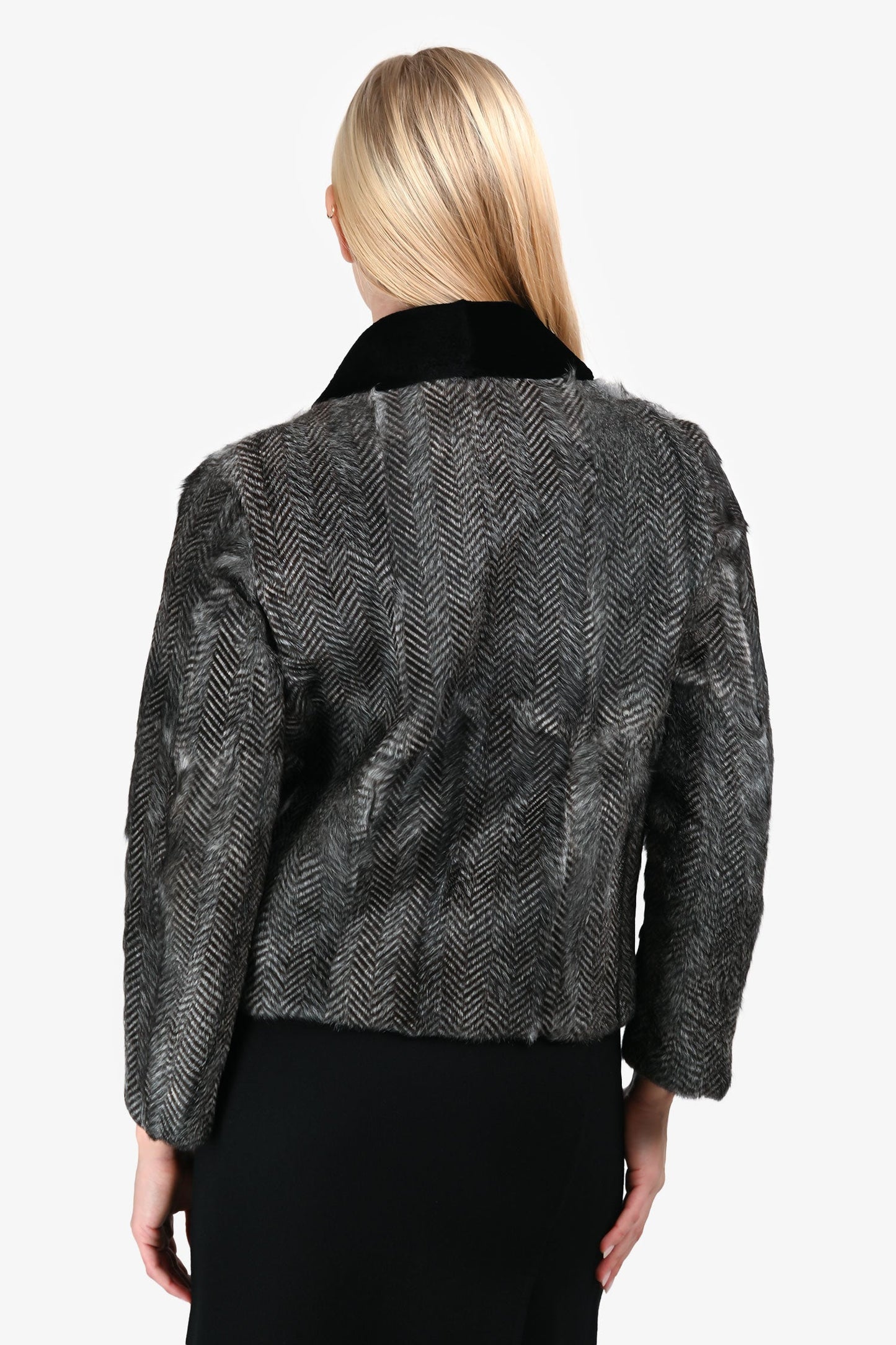 Prada 2016 Black/White Herringbone Goat Fur Collared Jacket Size 40